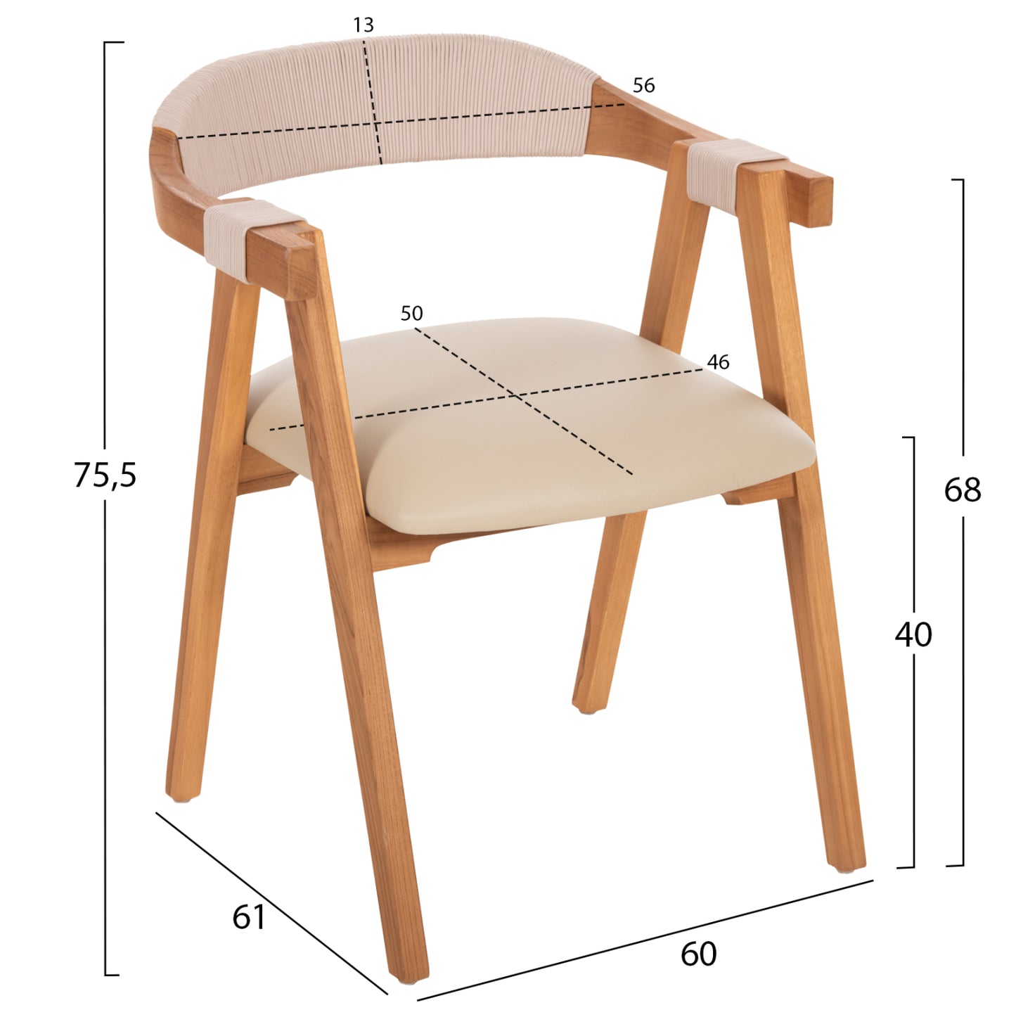 Dining Armchair Rimini Hm9867.07 Teak Wood In Natural-beige Rope & Pu Seat 60x61x75,5hcm.