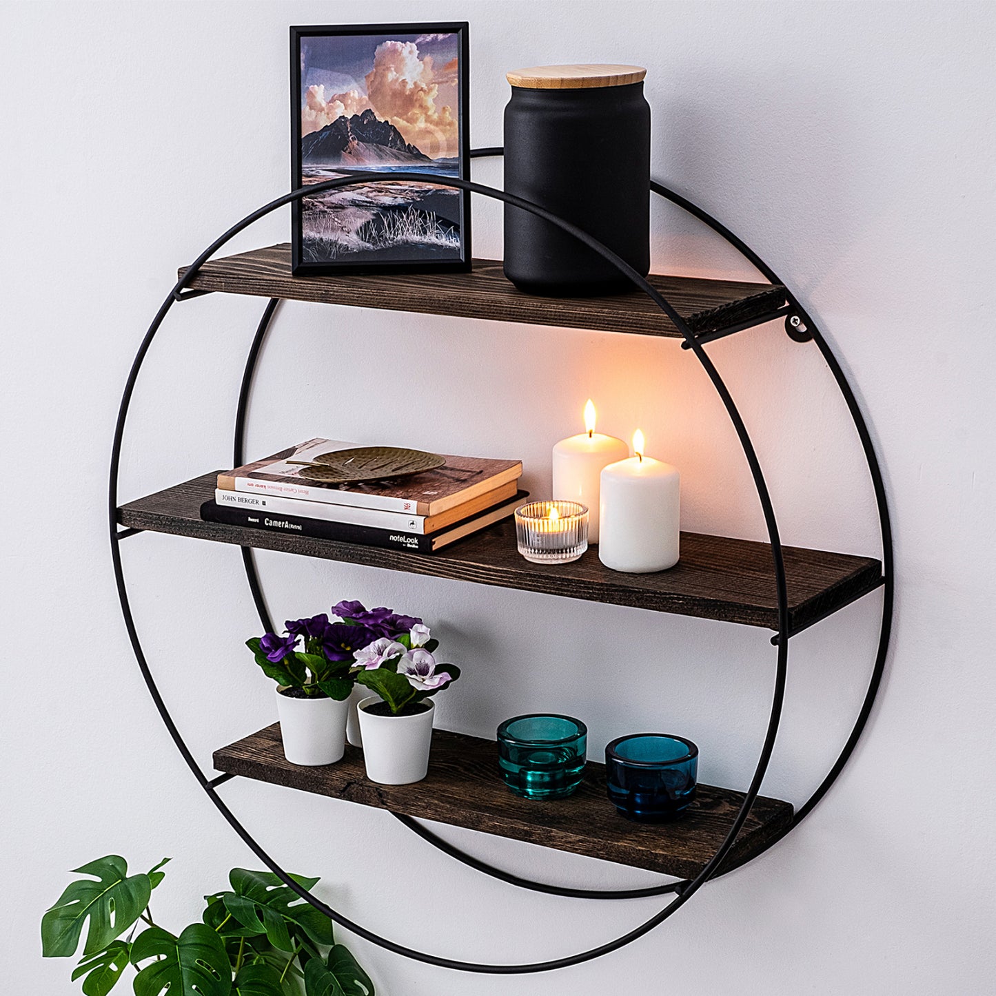 Wall Shelf Made Of Solid Fir Wood Black Metal Frame Hm9114.01 60x15x60y Cm.