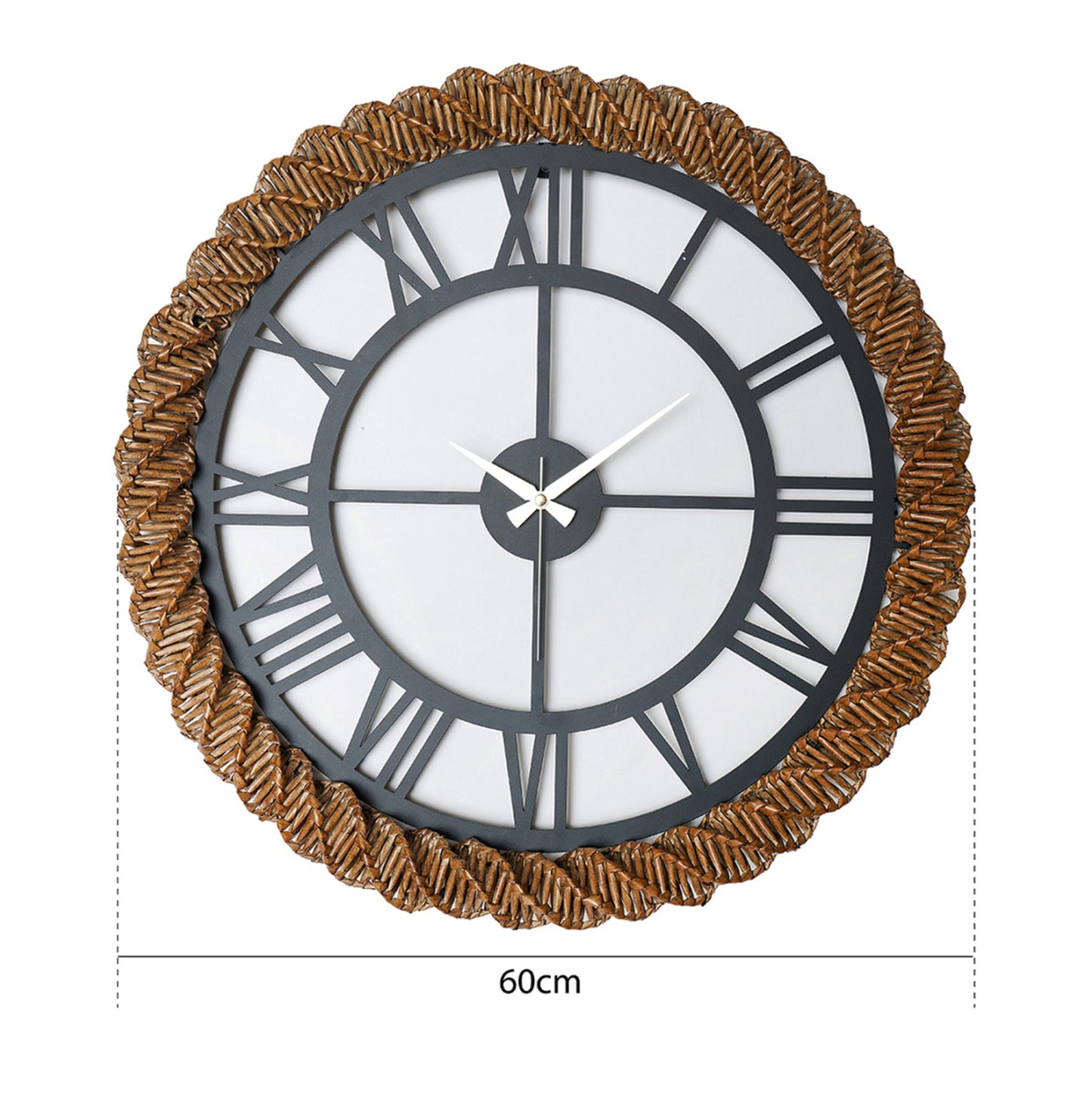 Wall Clock Round Hm4337 Dark Grey Metal-knitted Straw In Natural Φ60 Cm.