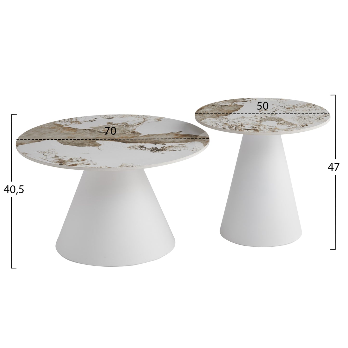 Set 2 Coffee Tables Ridge(x) Hm18307.01 Sintered Stone Tops--white Bases Φ50cm & Φ70cm