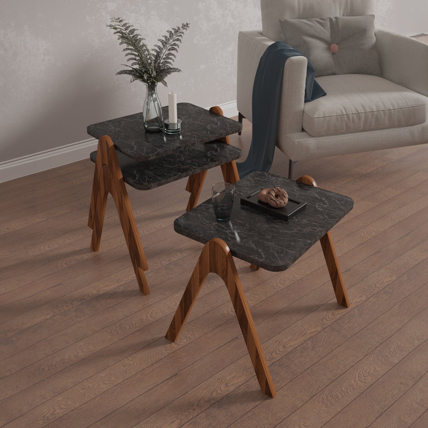 Side Tables 3pcs Set Reacher Hm18176.02 Melamine In Walnut-black Marble Top 40x30x40hcm.