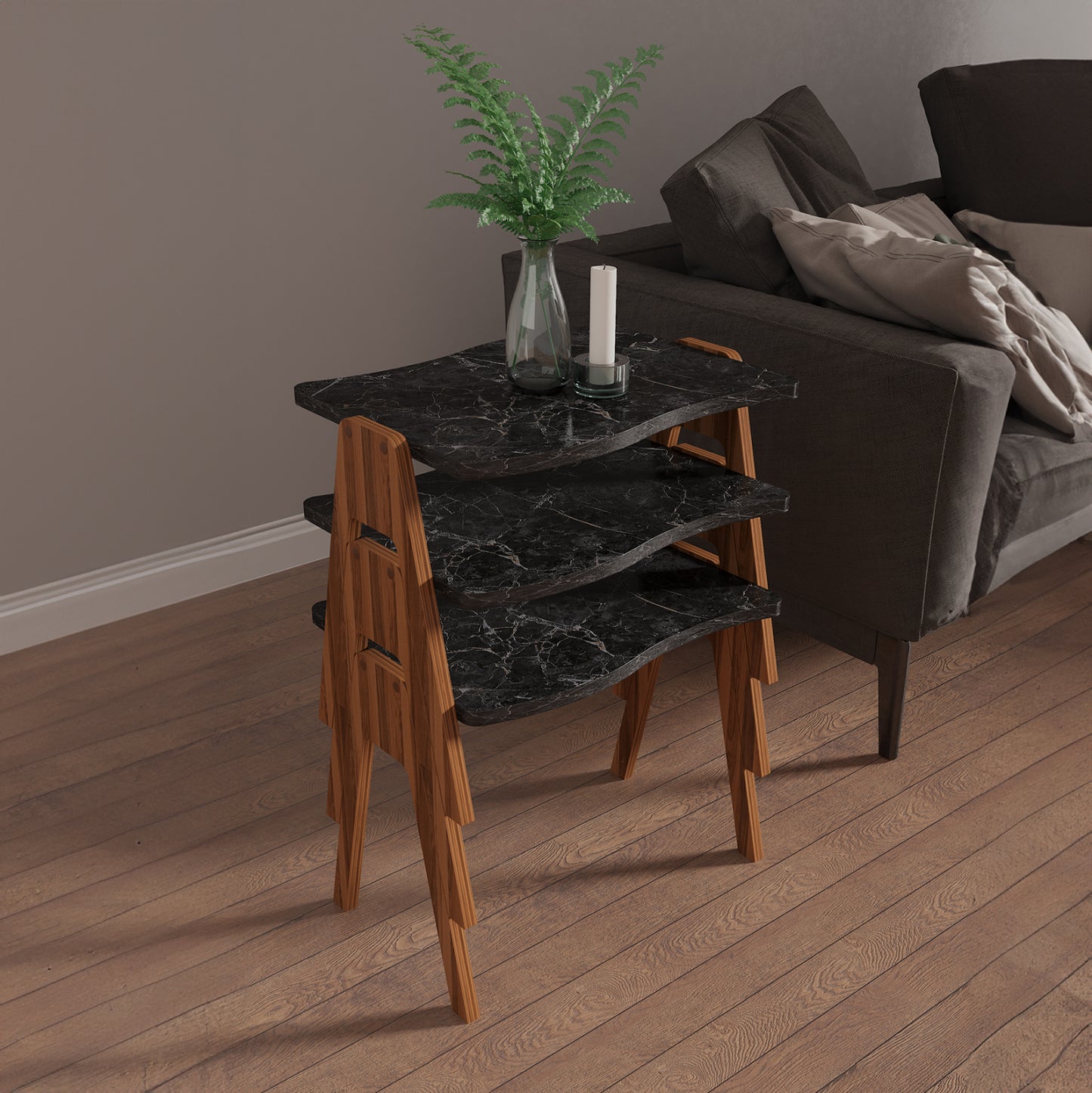 Side Tables 3pcs Set Essent Hm18175.02 Melamine In Walnut-black Marble Top 45x35x40hcm.