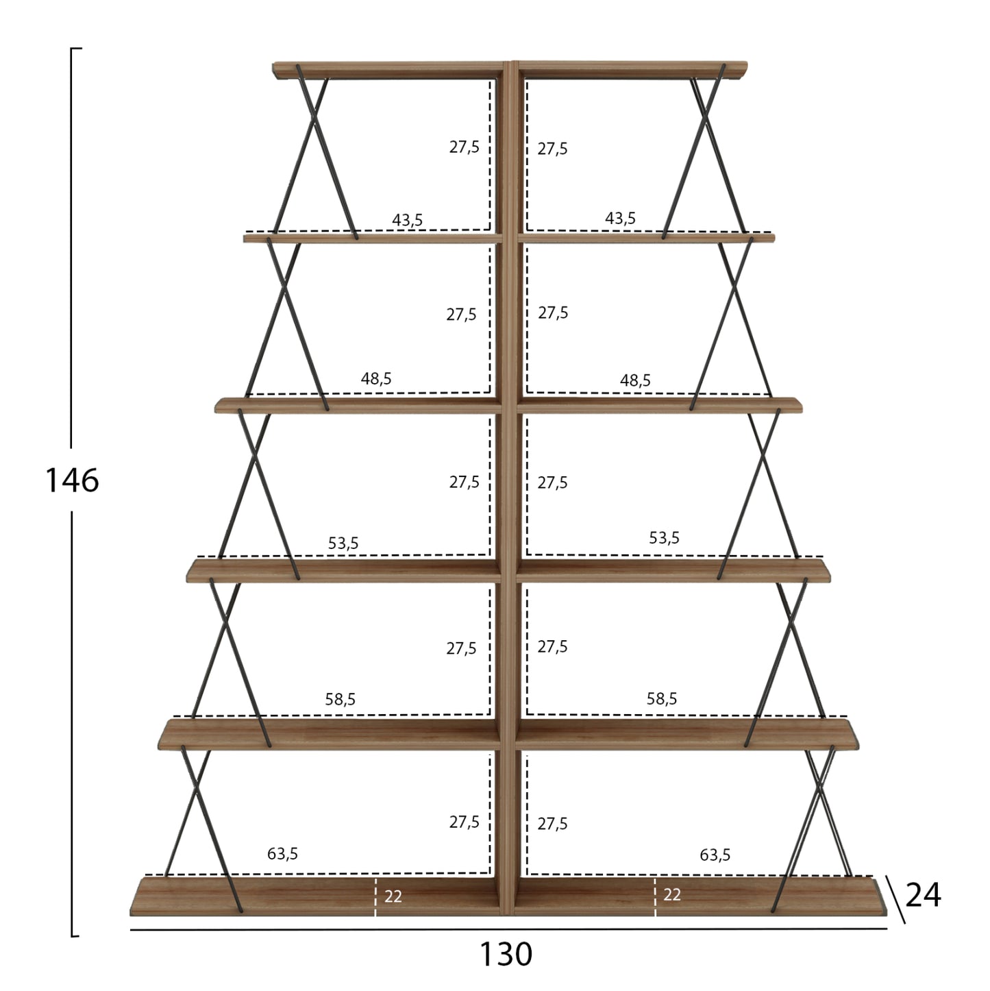 Bookcases 2pcs Set Mini Tars Hm11772.14 Melamine In Oak Color-black Metal Rods 65x24x146hcm.(x2)