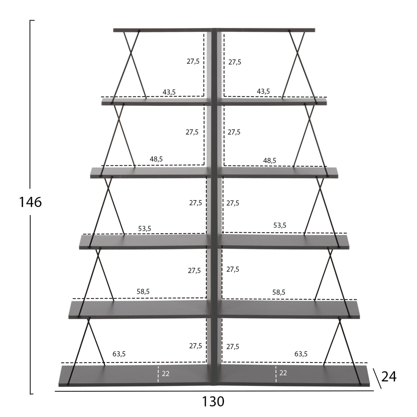 Bookcases 2pcs Set Mini Tars Hm11772.20 Melamine In Gray Color-black Metal Rods 65x24x146hcm.(x2)