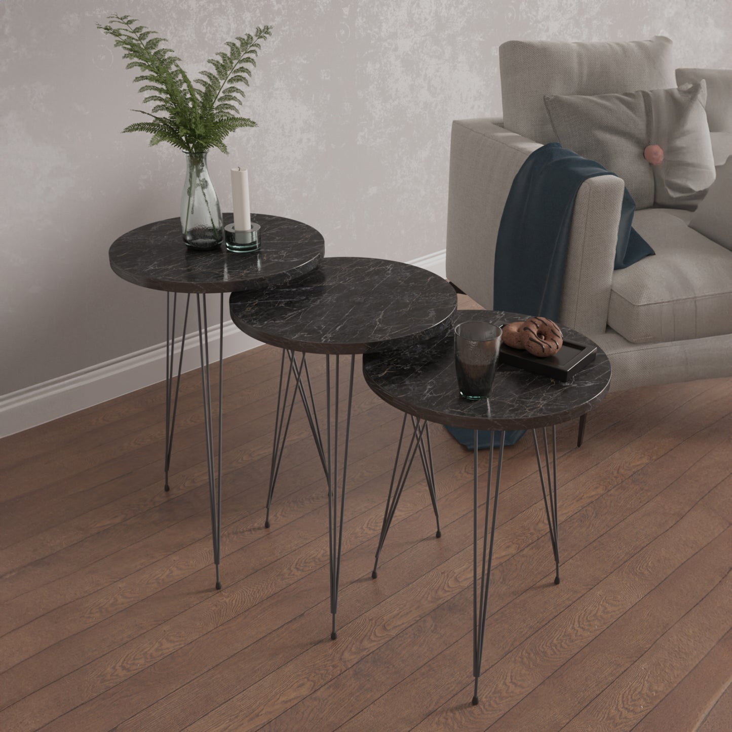 Set Of 3 Round Side Tables Nissa Hm18173.02 Melamine In Black Marble-black Metal Legs
