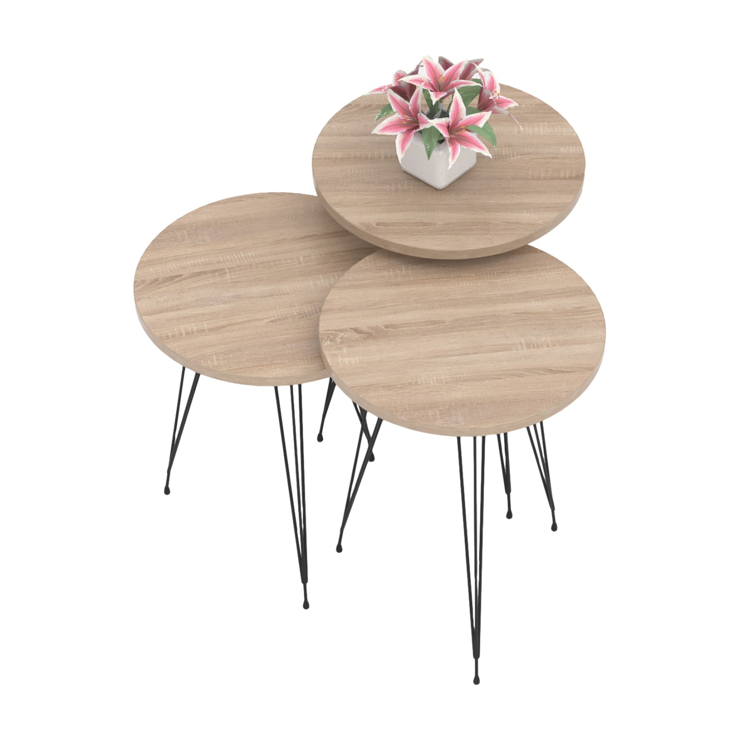 Set Of 3 Round Side Tables Nissa Hm18173.03 Melamine In Sonama-black Metal Legs