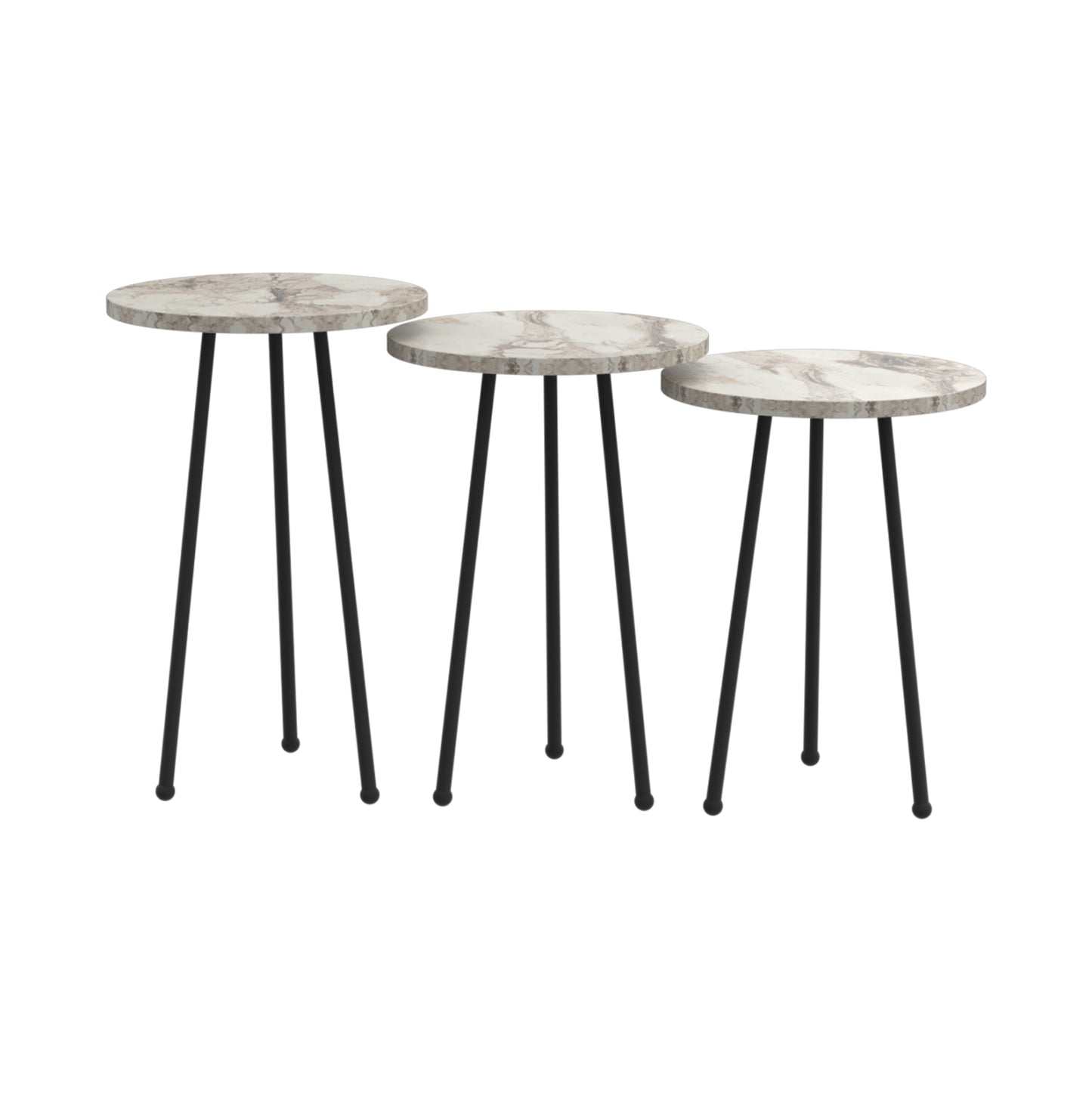 Set Of 3 Round Side Tables Kissa Hm18174.01 Melamine In White Marble Color-black Metal Legs