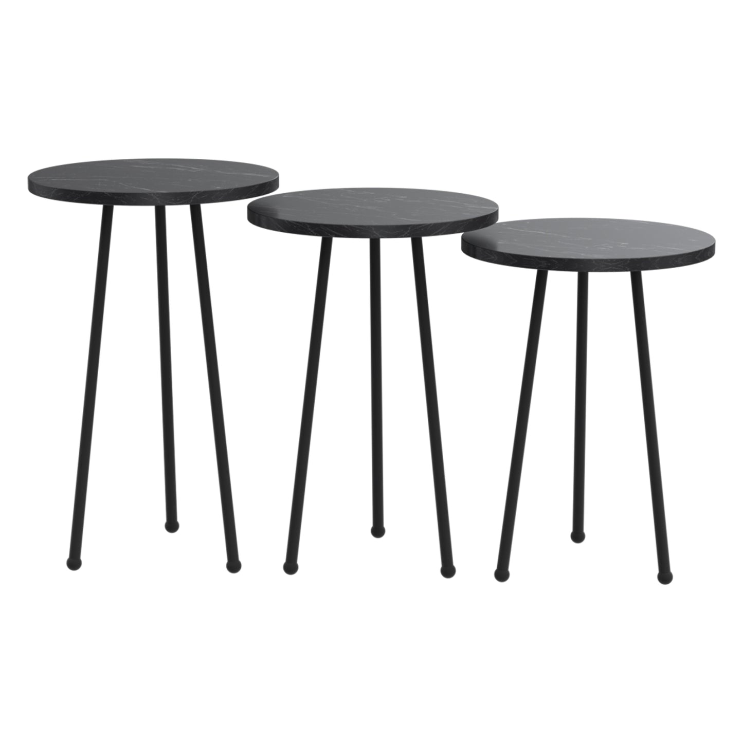 Set Of 3 Round Side Tables Kissa Hm18174.02 Melamine In Black Marble Color-black Metal Legs