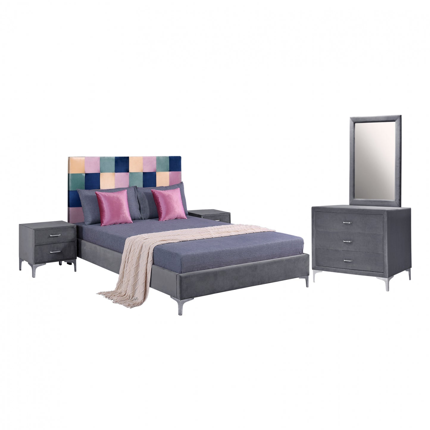Set Bedroom 4pieces Velvet Grey Color Pattern Hm11262