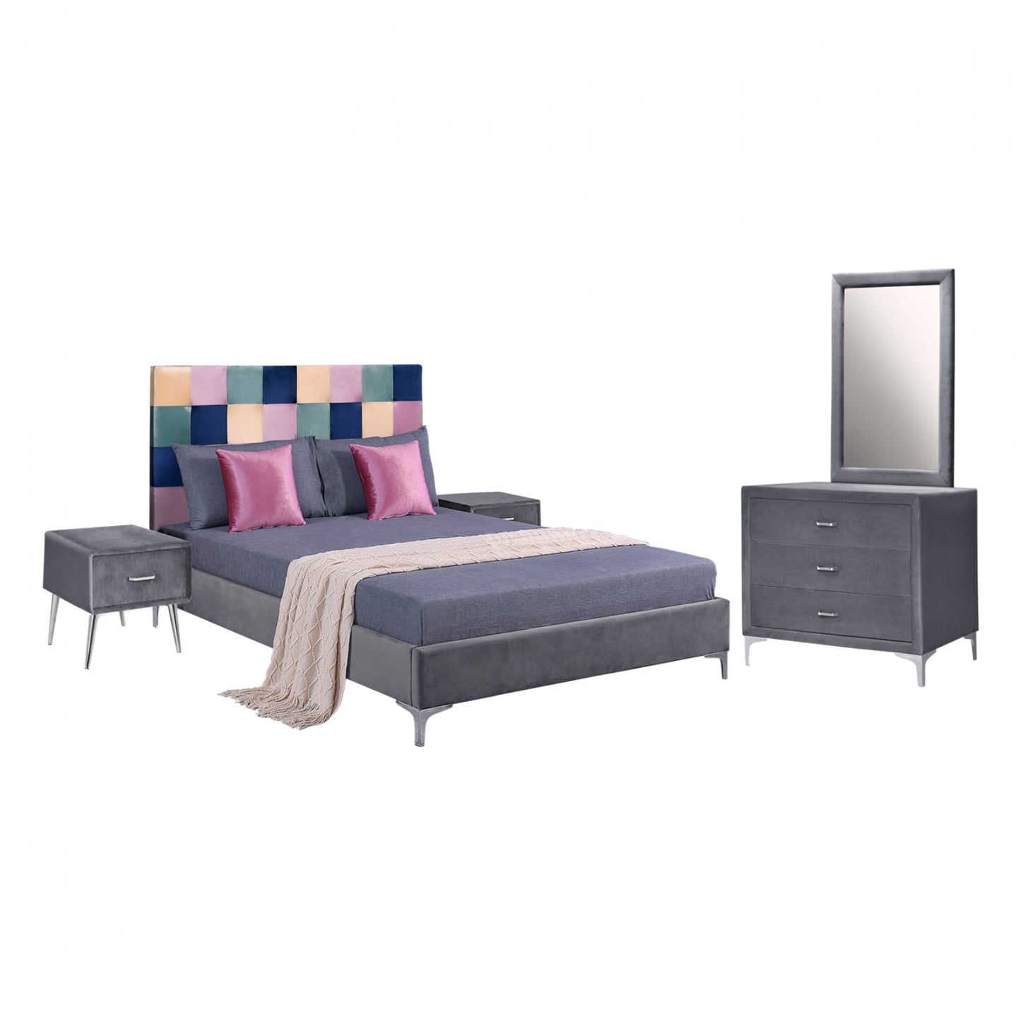 Set Bedroom 4 Pieces Velvet Grey Color Pattern Hm11263