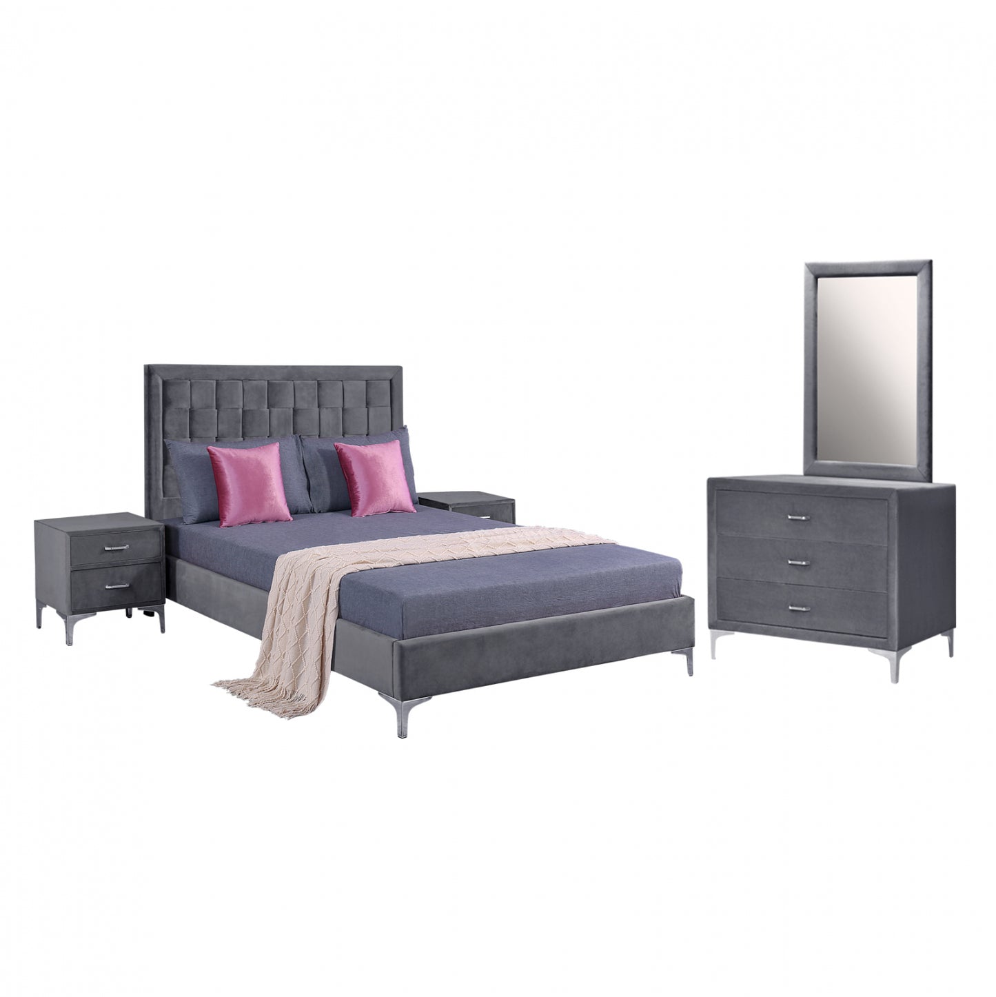 Set Bedroom 4 Pieces Velvet Grey Hm11267.01