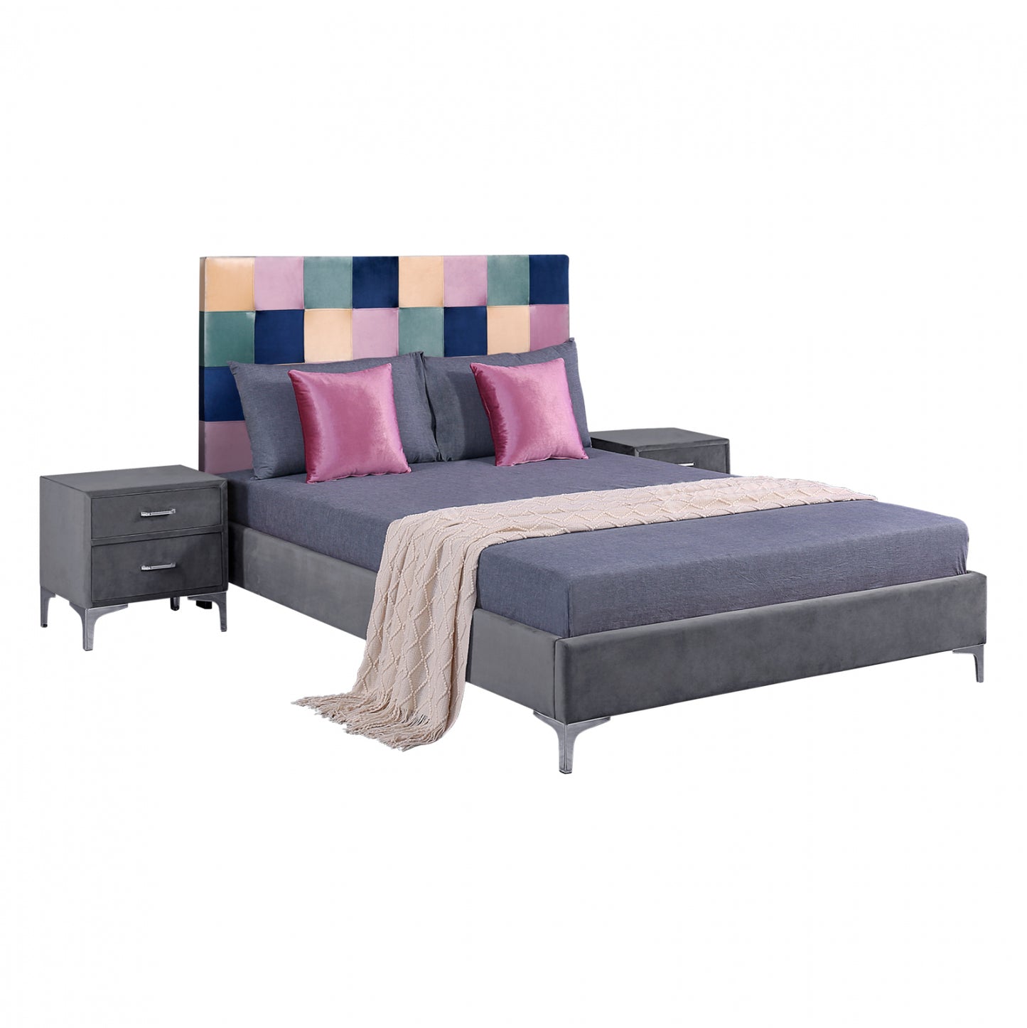 Set Bedroom 3pieces Velvet Grey Color Pattern Hm11260
