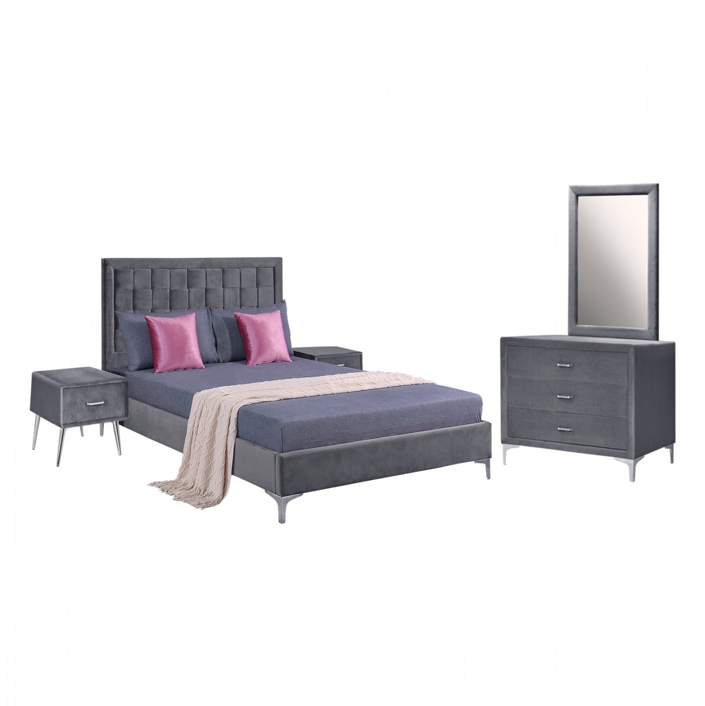 Set Bedroom 4 Pieces Velvet Grey Hm11266.01