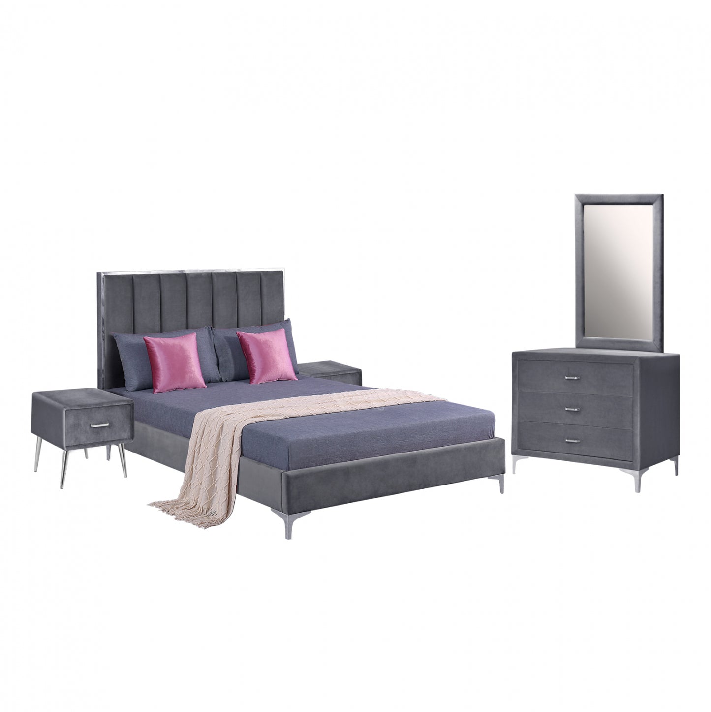 Set Bedroom 4 Pieces Velvet Grey Hm11258.01