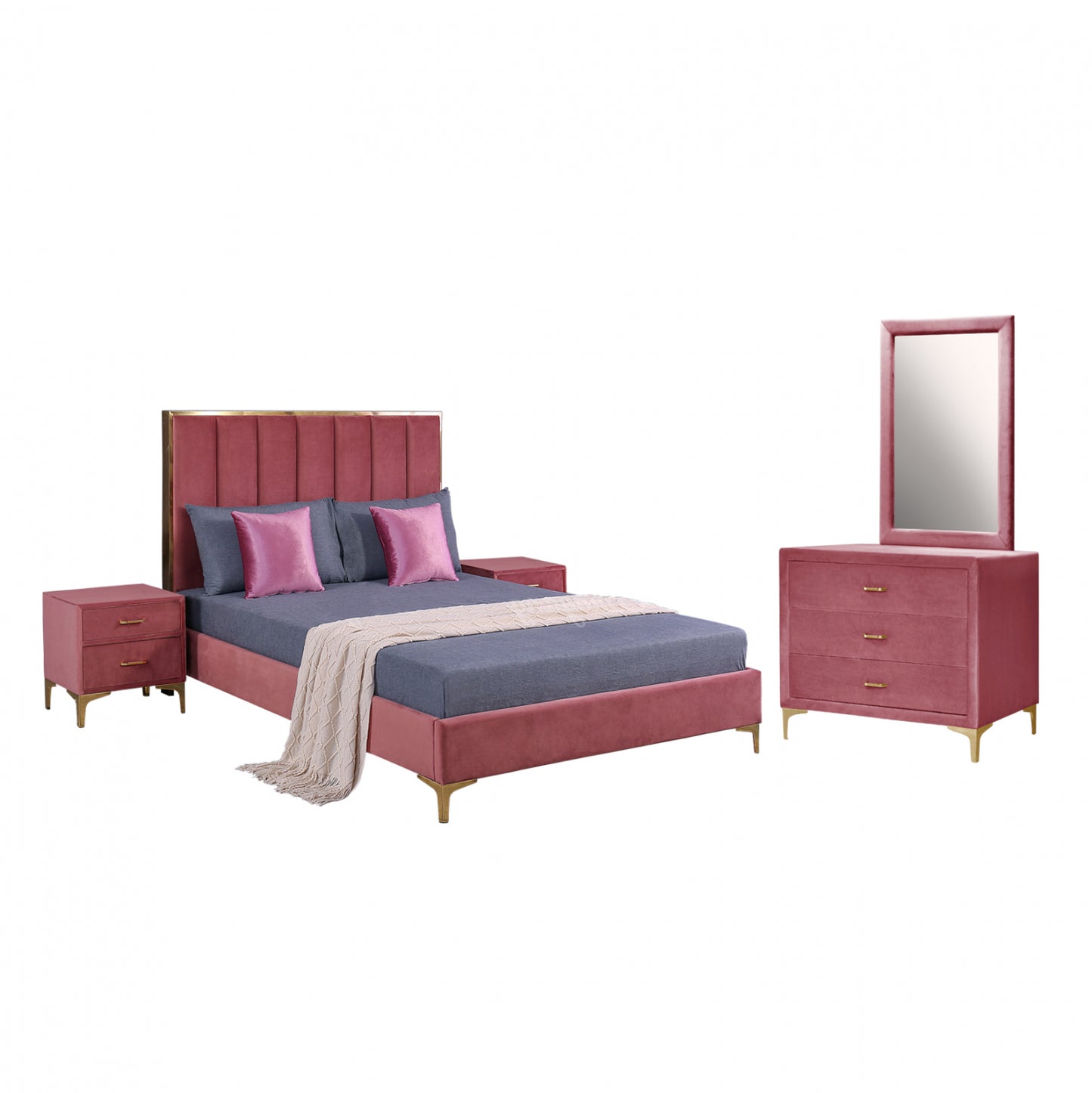 Bedroom Set 4 Pcs Velvet Dusty Pink Hm11259.02
