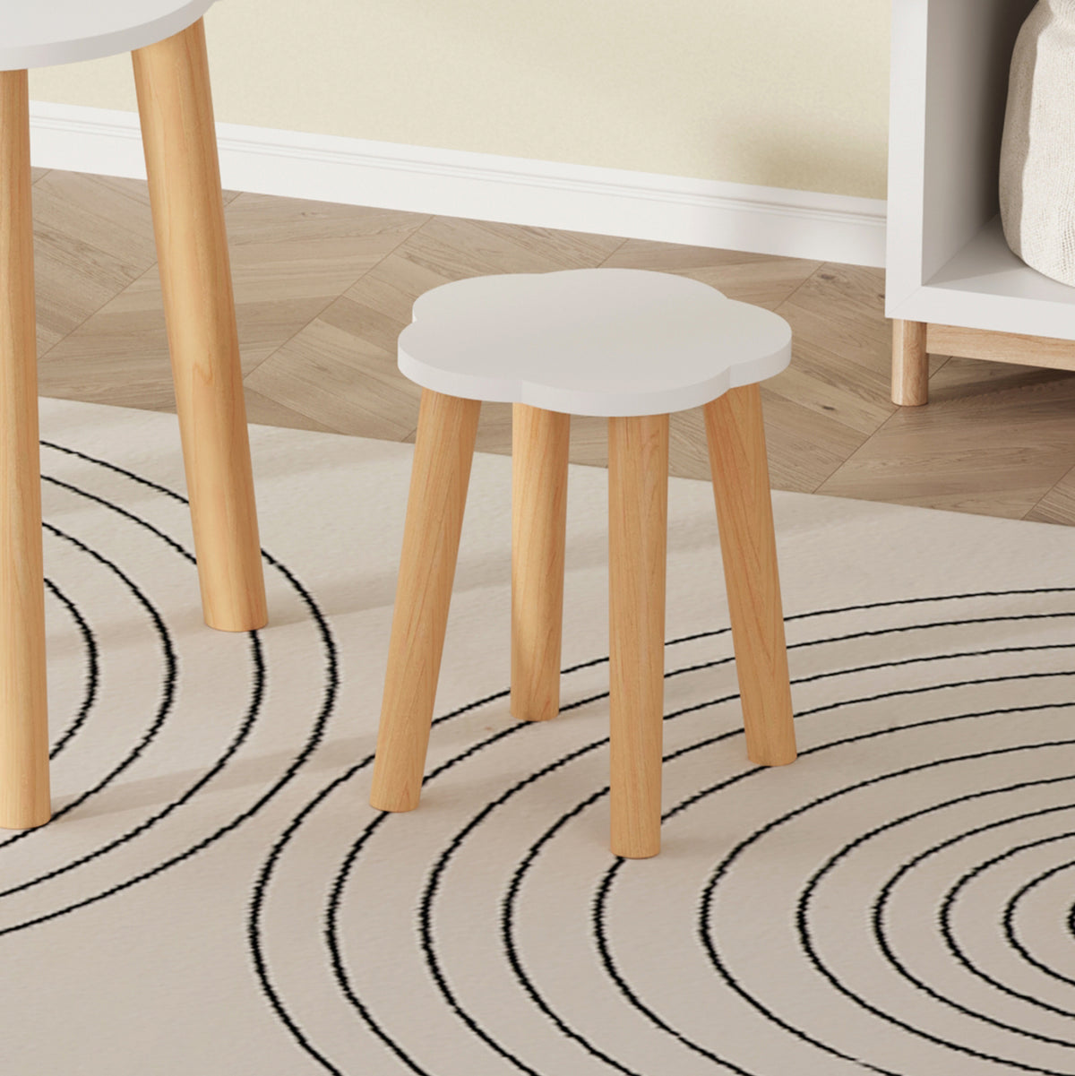 Kids' Set With Table & 2 Stools Snoopy Hm18398.03 Mdf & Birch Wood--white/natural Φ60x50hcm.