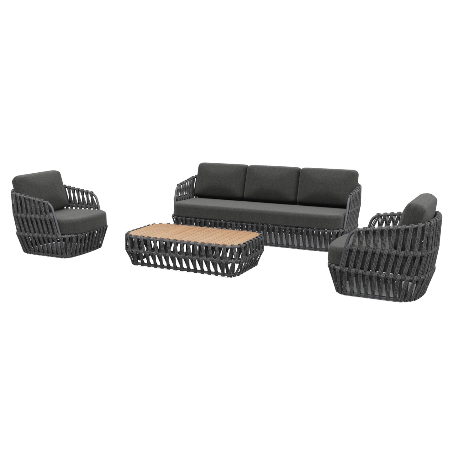 Outdoor Lounge Set 4pcs Sabo Hm6208.01 Dark Grey Aluminum-p.e.rope-olefin Fabric-teak Wood In Natural