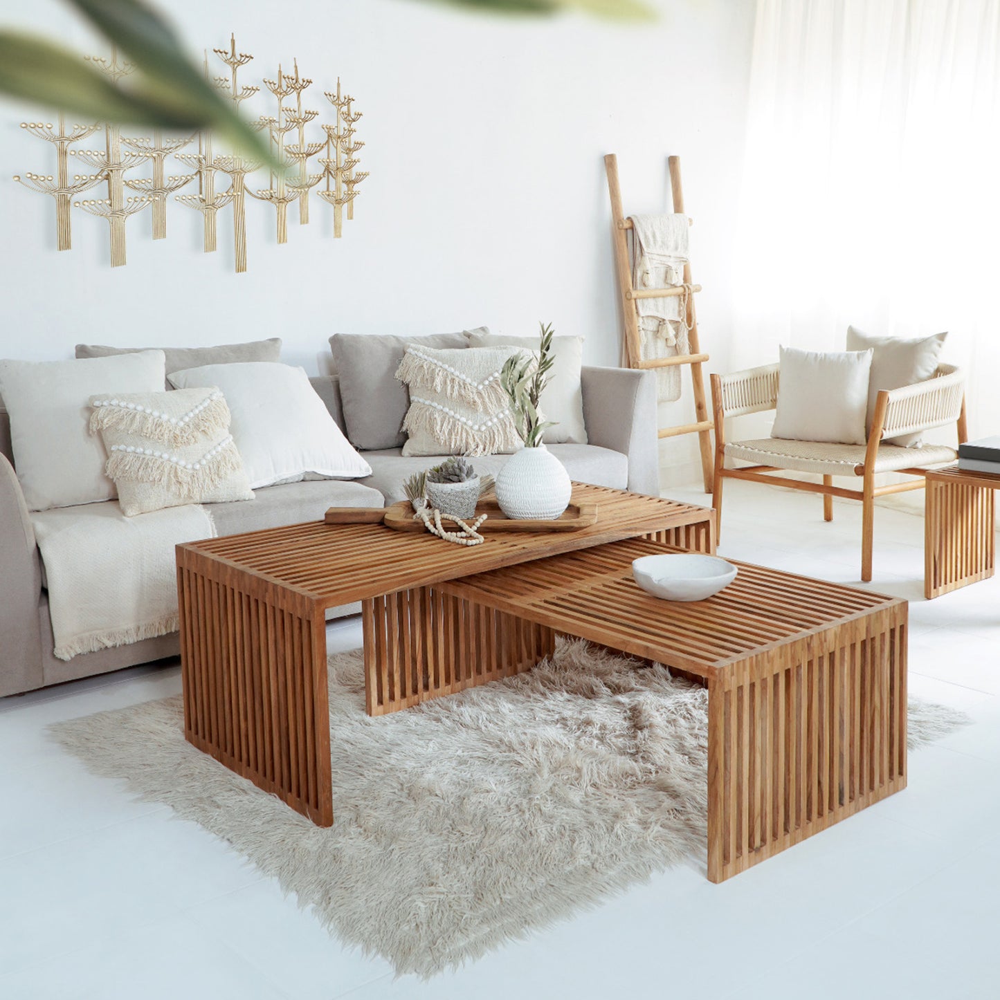Coffee Table Set Of 2 Nya Hm9548 Teak Wood In Natural Color 116x60x46,5hcm.