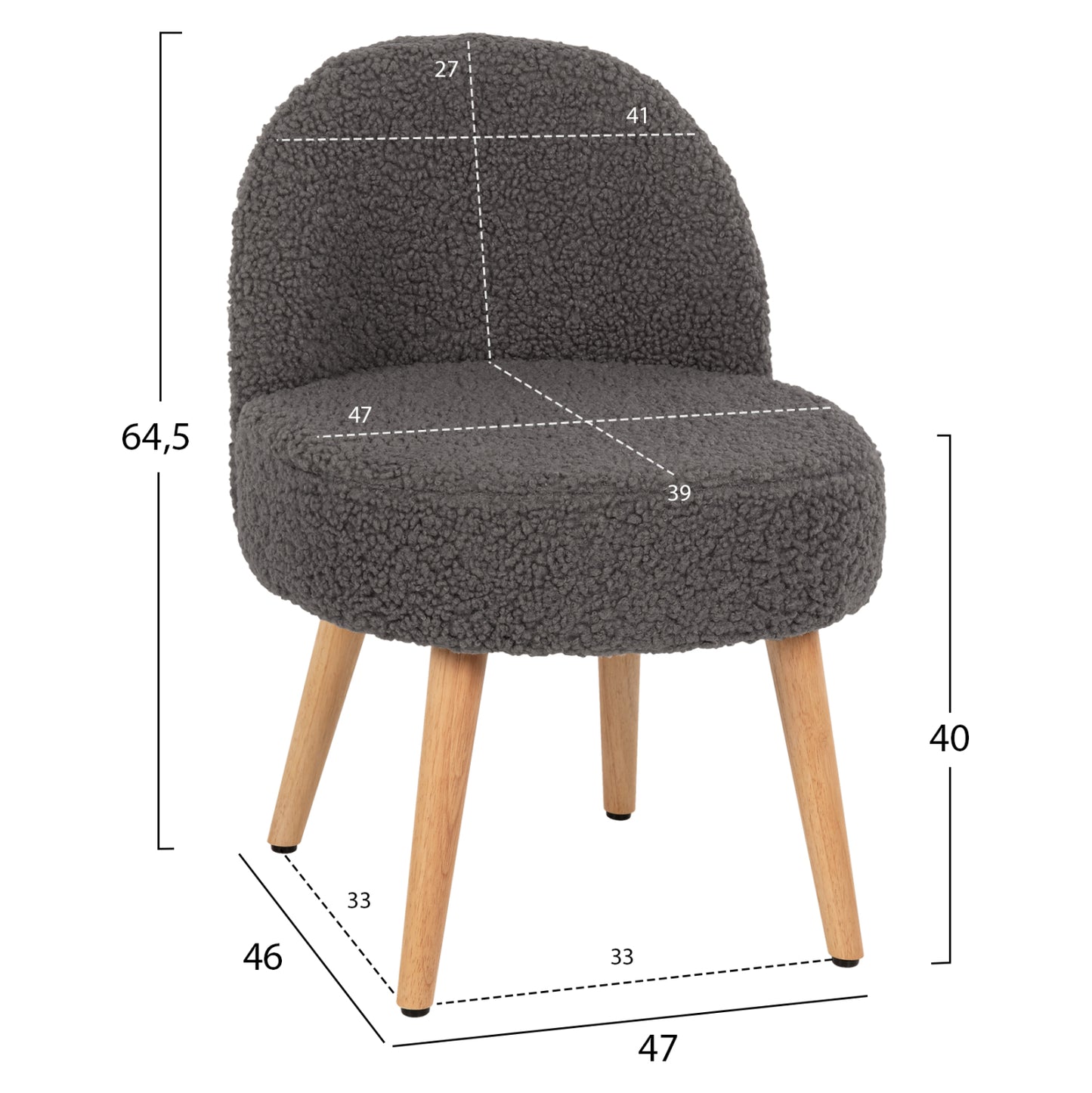 Stool Yasmine Hm8395.21 Low Backrest- Boucle Fabric In Grey Color-wooden Legs 47x46x64,5hcm.