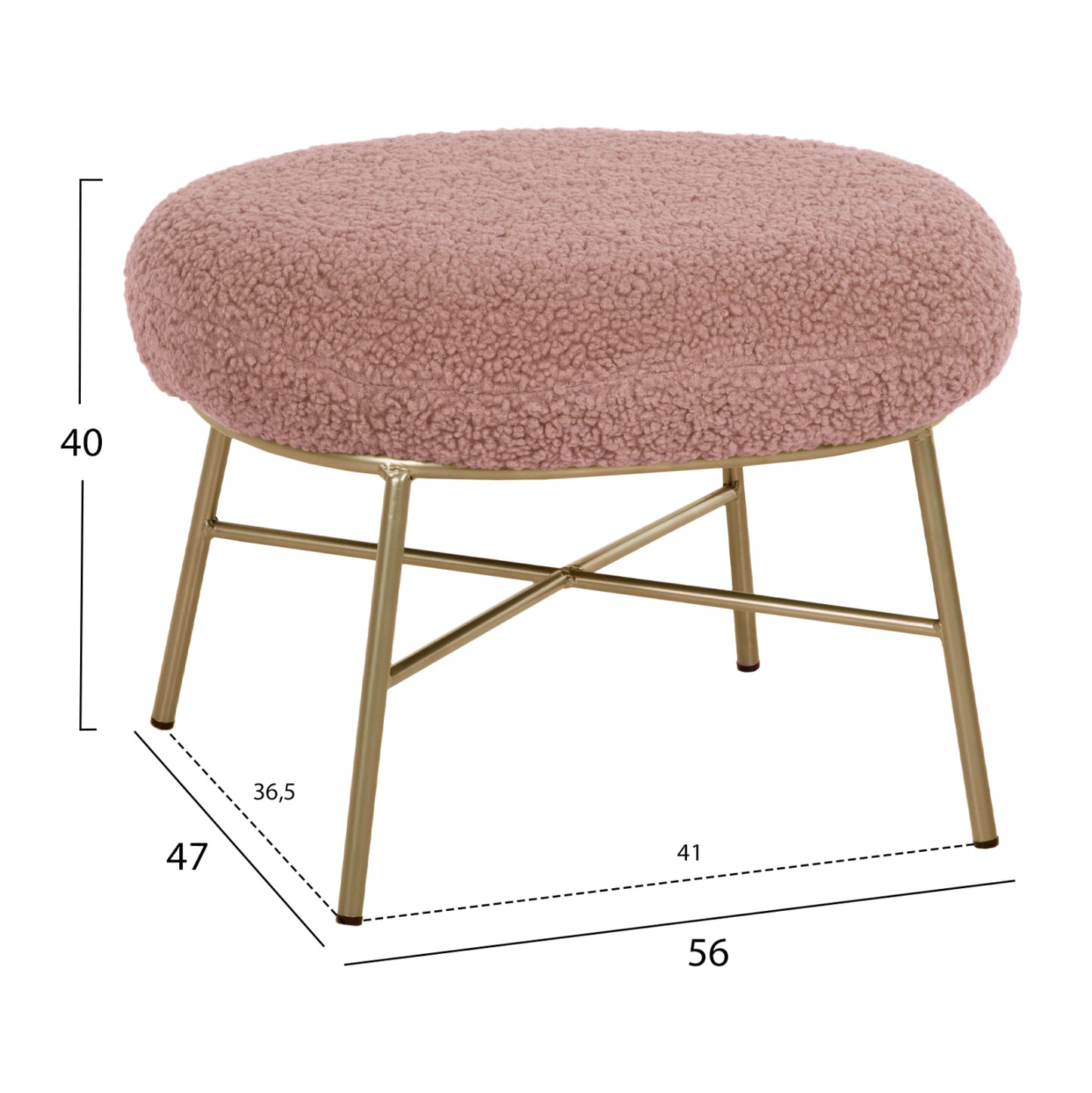 Stool Footrest Trudi Hm8640.22 Dusty Pink Boucle Fabric And Gold Metal Base 56x47x40hcm.