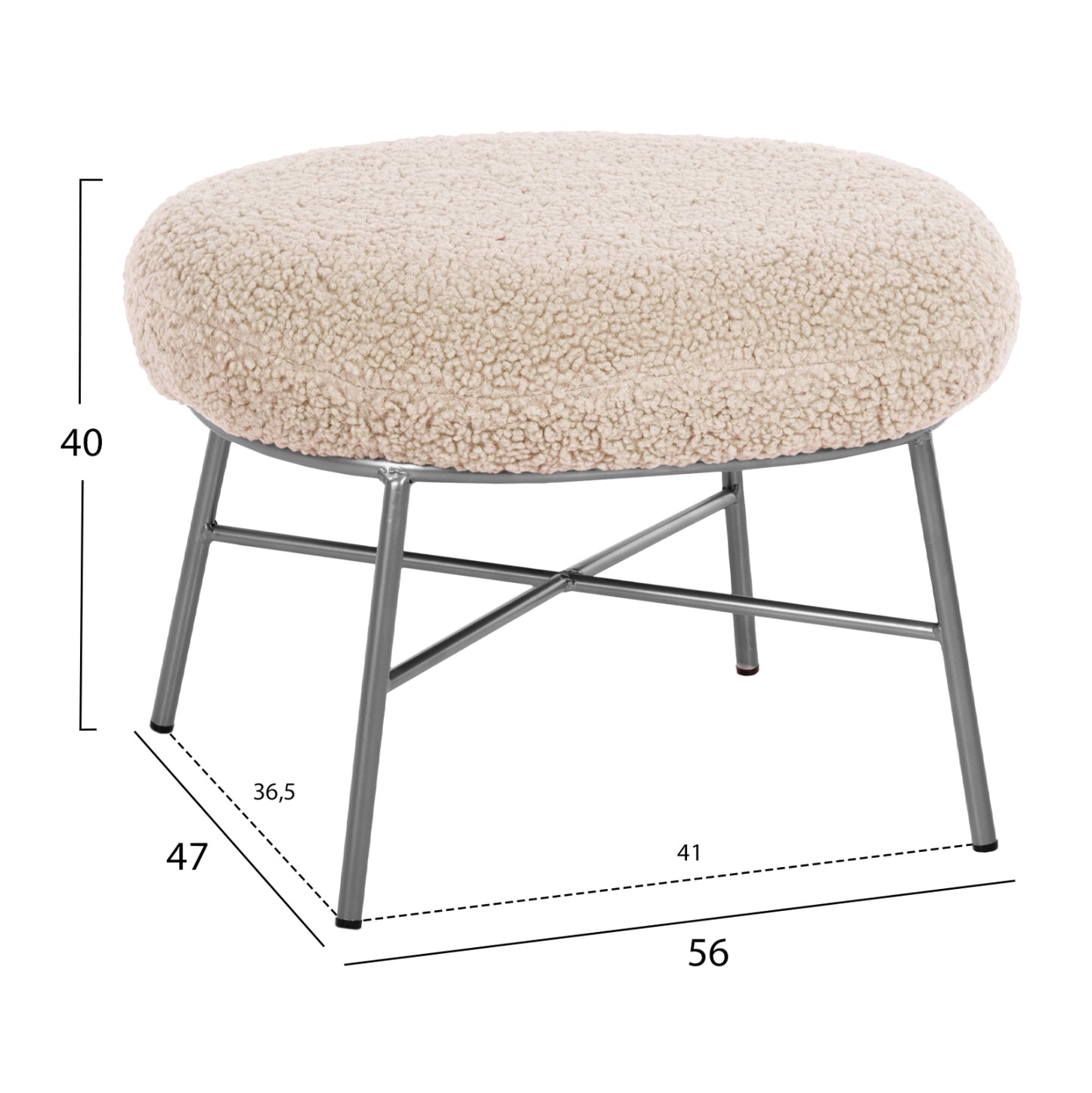 Stool Footrest Trudi Hm8640.23 White Boucle Fabric And Silver Metal Base 56x47x40hcm.