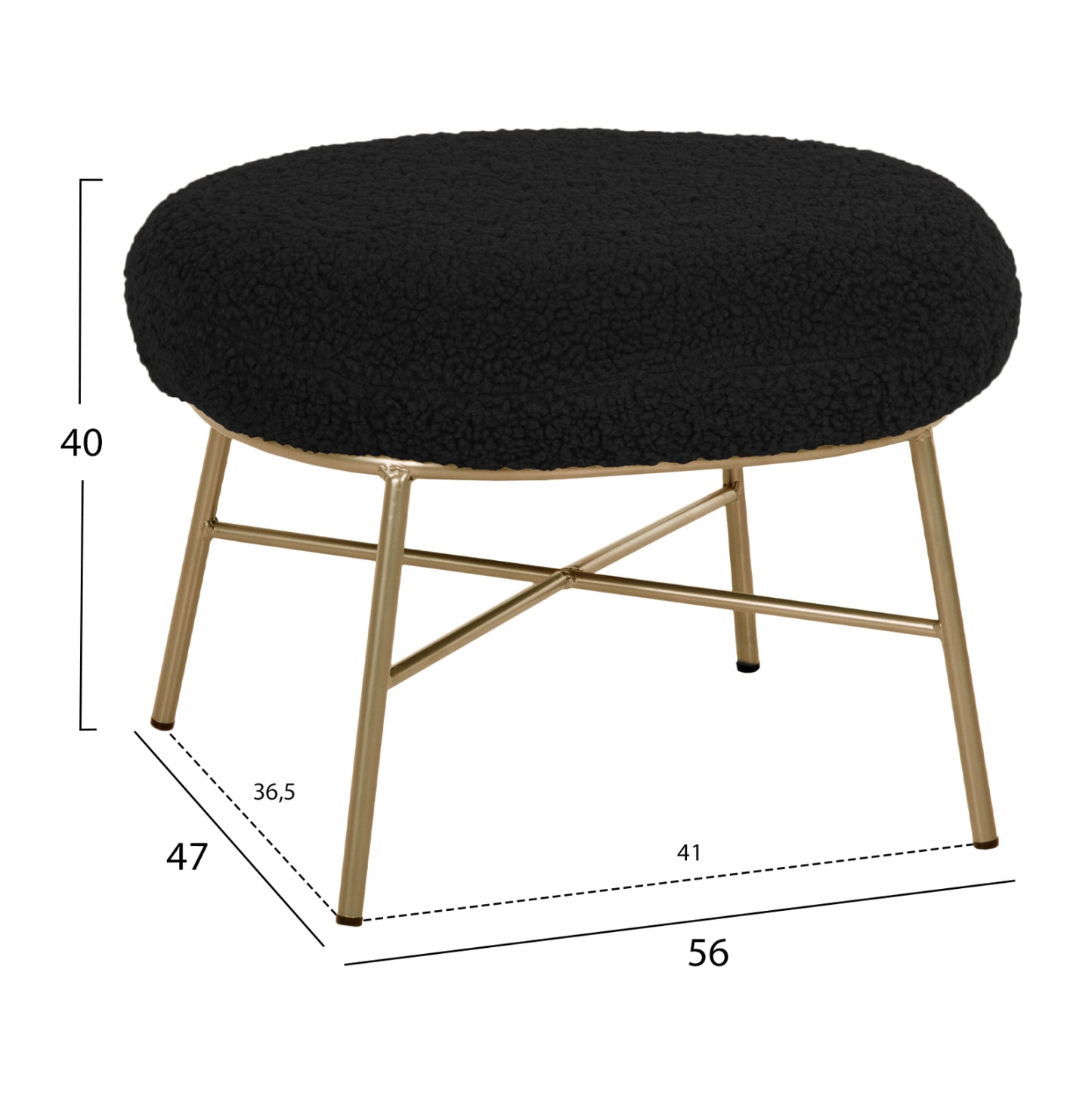Stool Footrest Trudi Hm8640.24 Black Boucle Fabric And Gold Metal Base 56x47x40hcm.