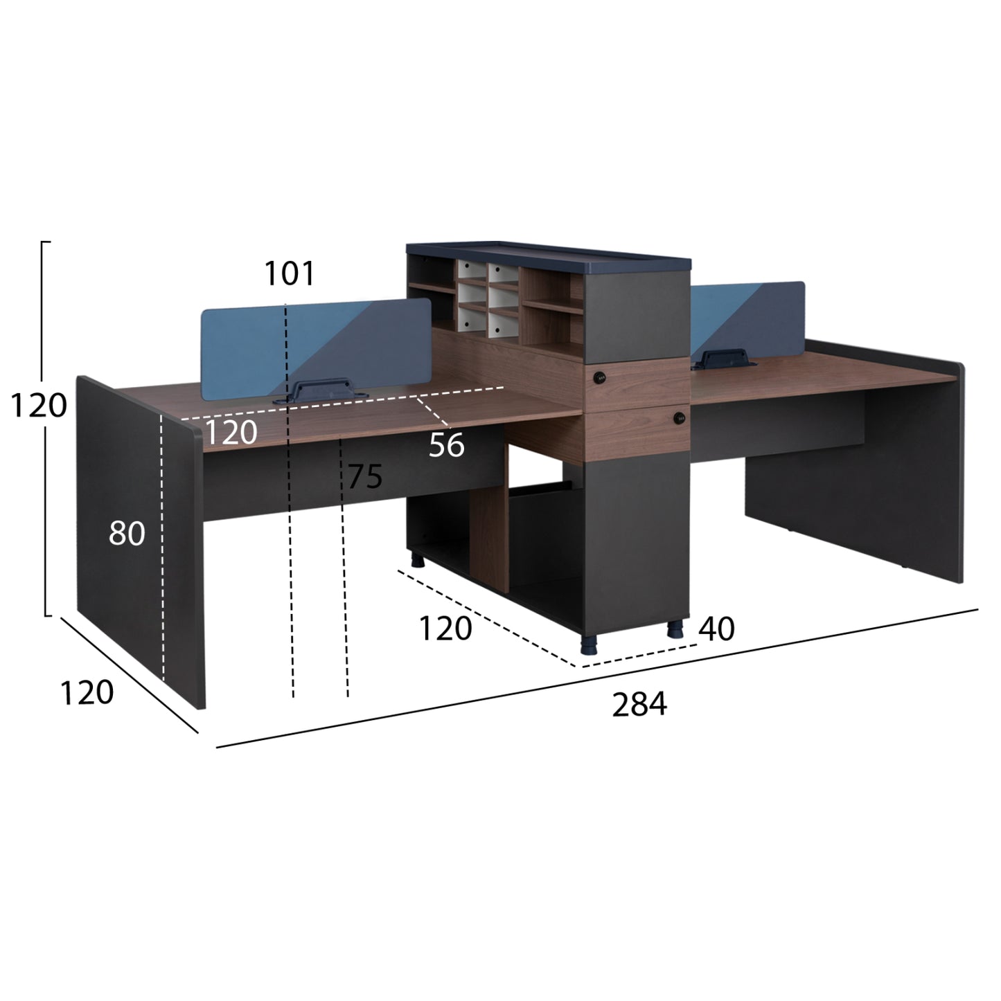 Office Workstation Double Walnut And Grey With Partition & Cabinets 284x120x120 Hm2102