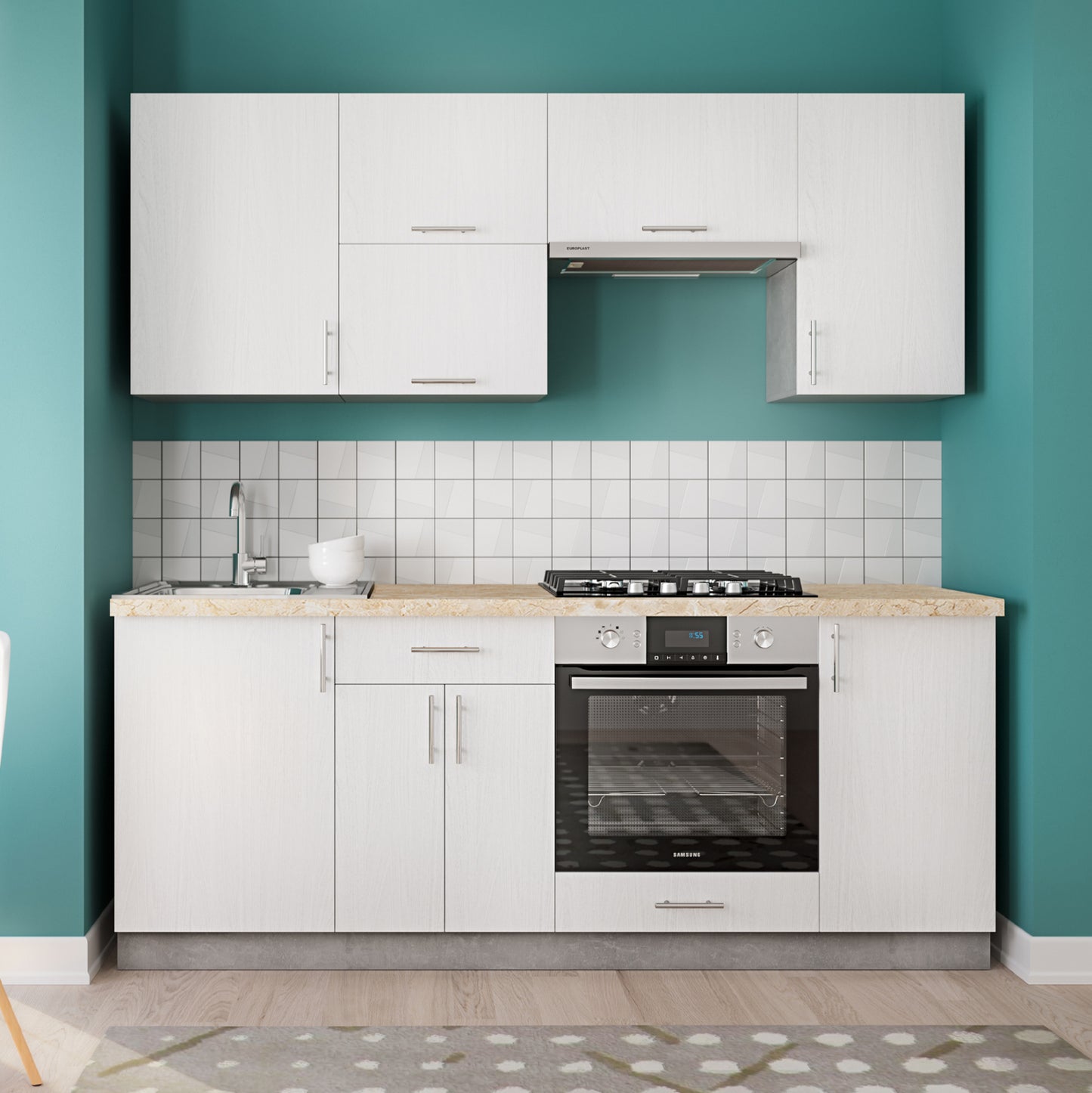 Kitchen Combo Melamine White And Beige Marble Look Top 200x47x84,8hcm.hm2470.02