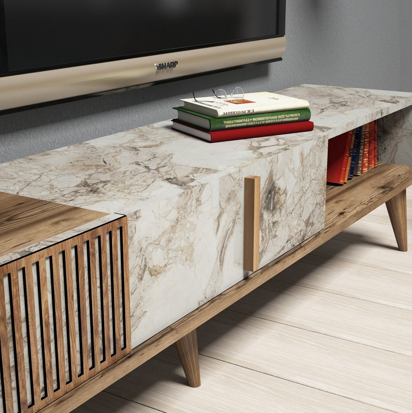 Living Room Composition Hm11847.03 2pcs In Walnut-white Marble Look