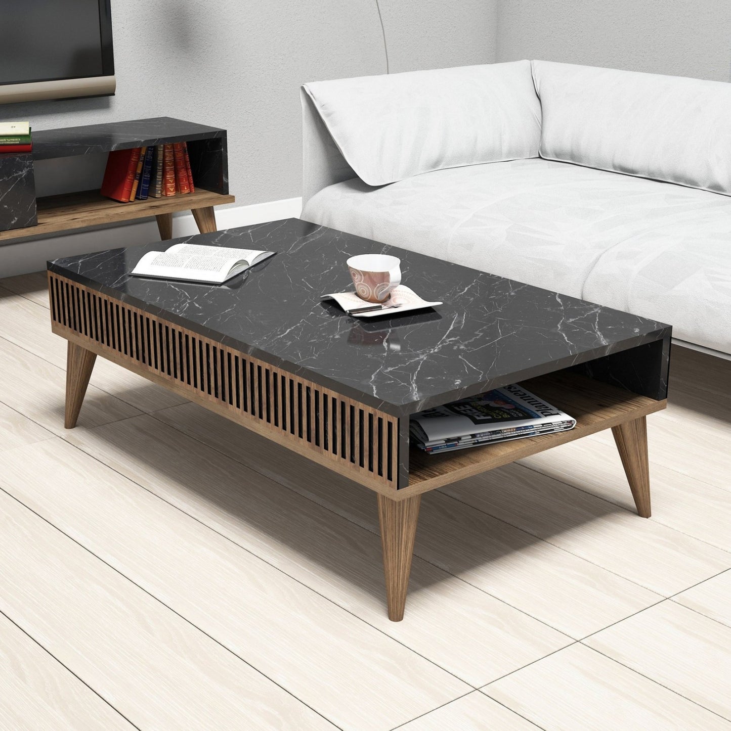 Living Room Composition Hm11847.02 2pcs In Walnut-black Marble Look