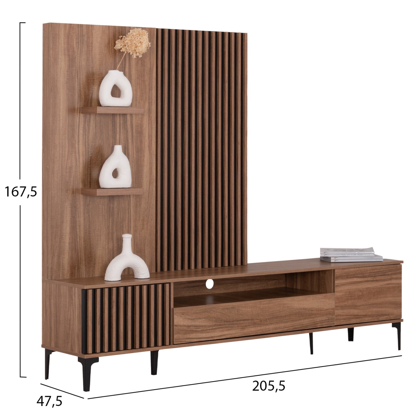Tv Furniture Set Series Harry Hm18010.01 Melamine In Natural Wood Color-black 205.5x40x167.5hcm.