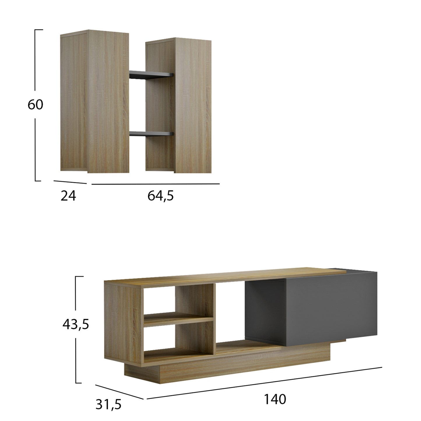 Tv Furniture Set Tyson Hm18081 Melamine In Sonama-grey 140x31.5x43.5hcm.