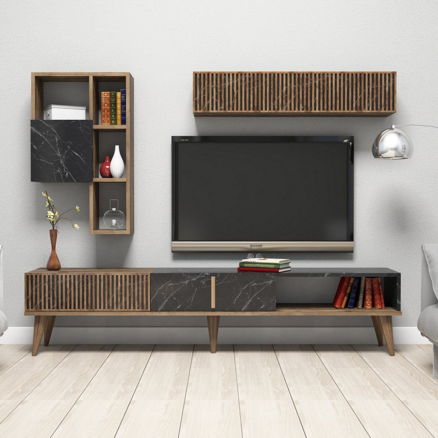 Tv Furniture Set Hm9438.03 Melamine In Walnut-black Marble 180x35x40hcm.