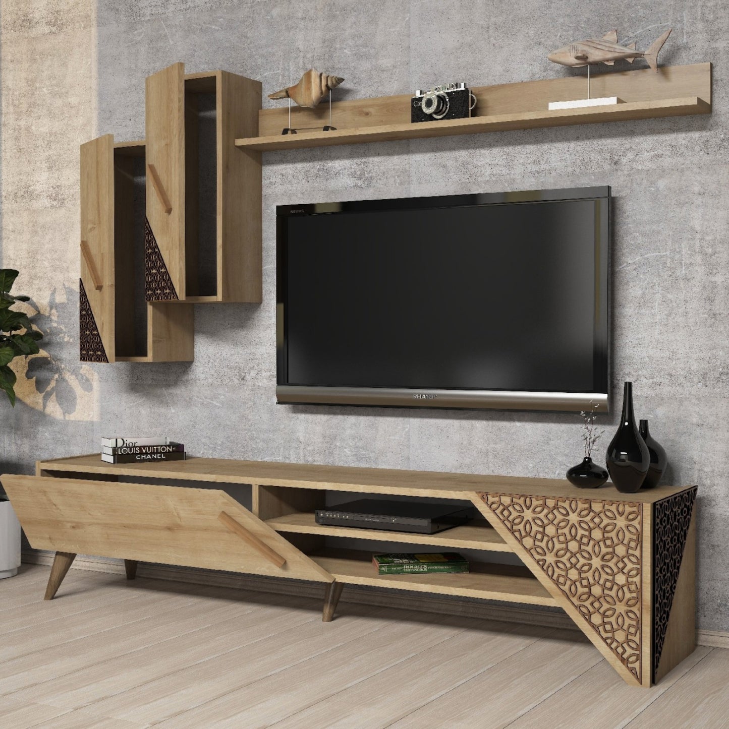 Tv Combo Furniture Hm9514.01 Melamine In Natural Oak Color 180x37x40hcm
