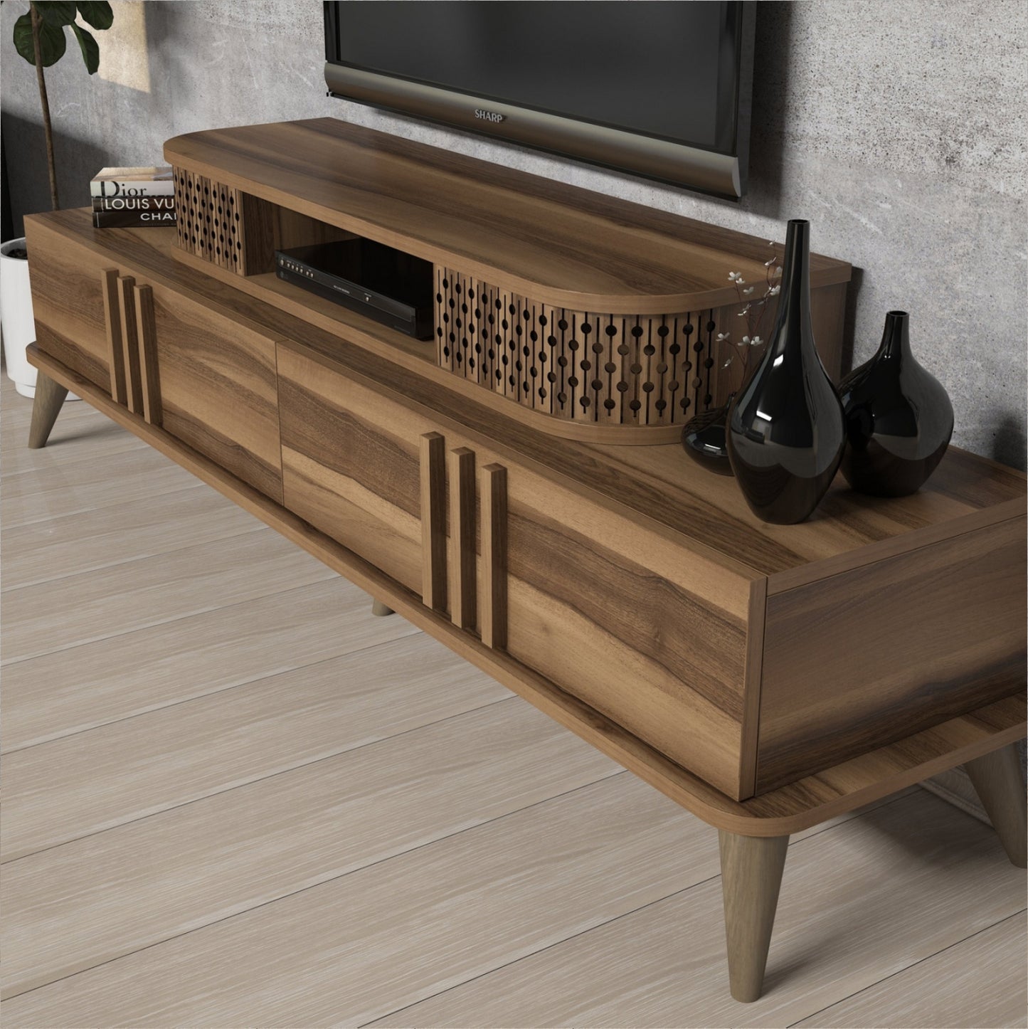 Tv Combo Furniture Hm9515.02 Melamine In Walnut Color 168x39x51.6hcm