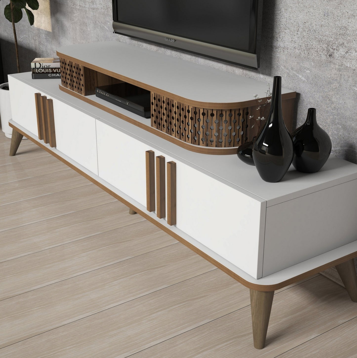 Tv Combo Furniture Hm9515.03 Melamine In White & Walnut Color 168x39x51.6hcm