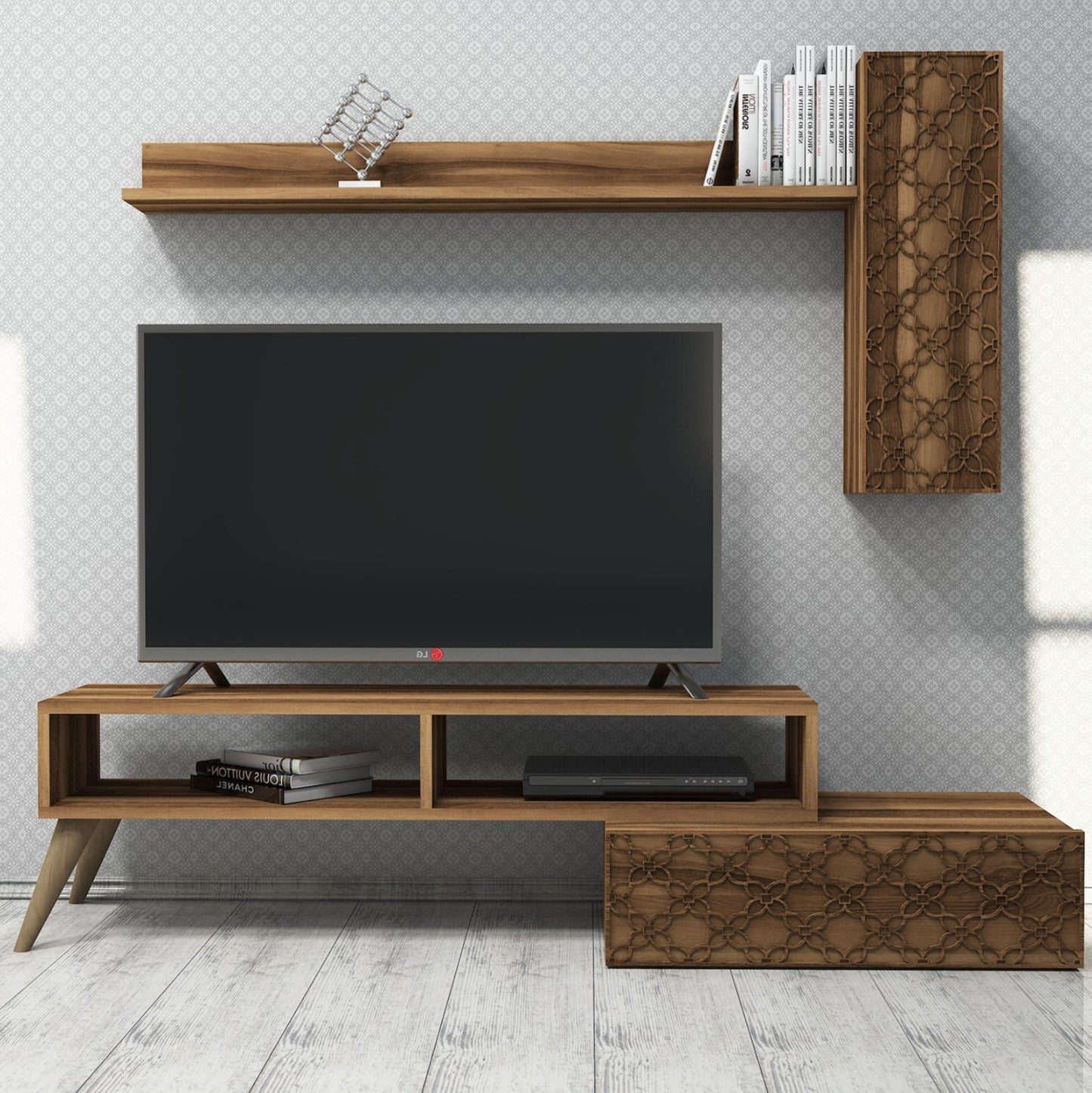 Tv Furniture Set Hm9518.03 Melamine In Walnut Color 150x37.2x37.8hcm.