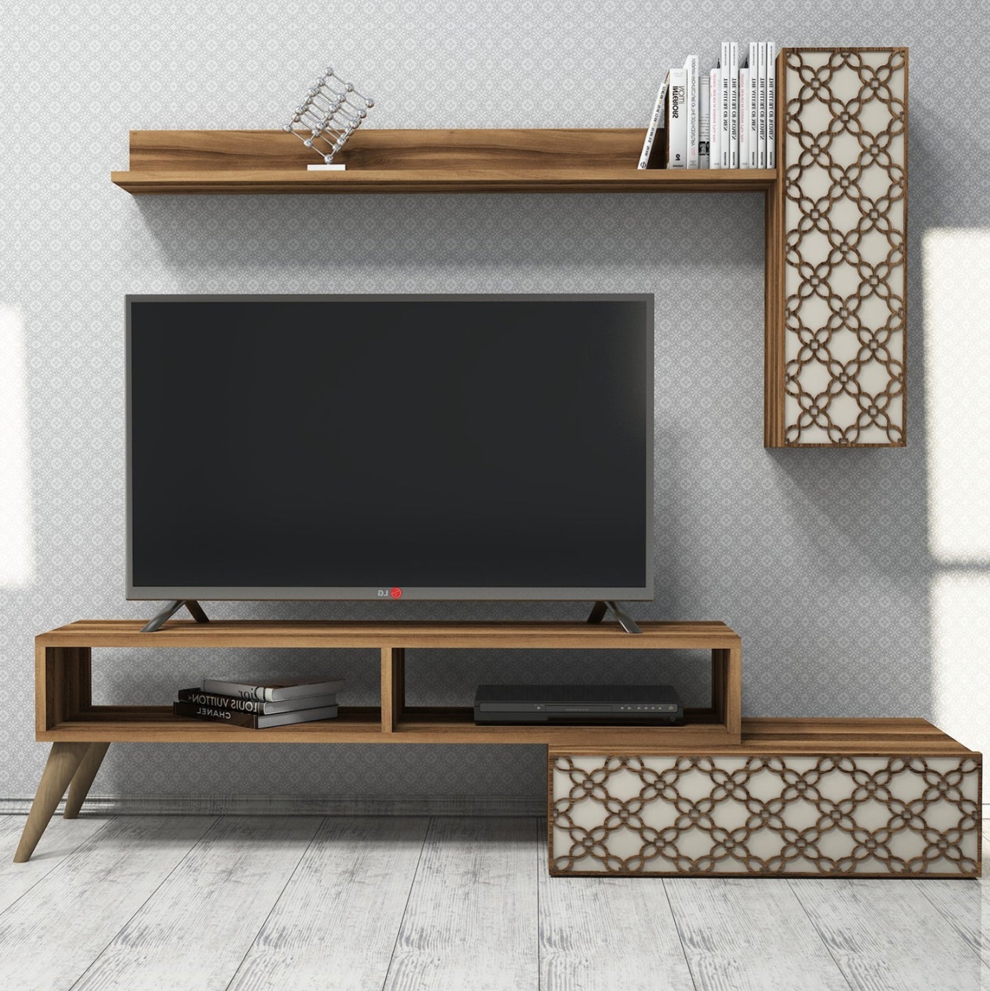 Tv Furniture Set Hm9518.02 Melamine In Walnut And Cream 150x37.2x37.8hcm.