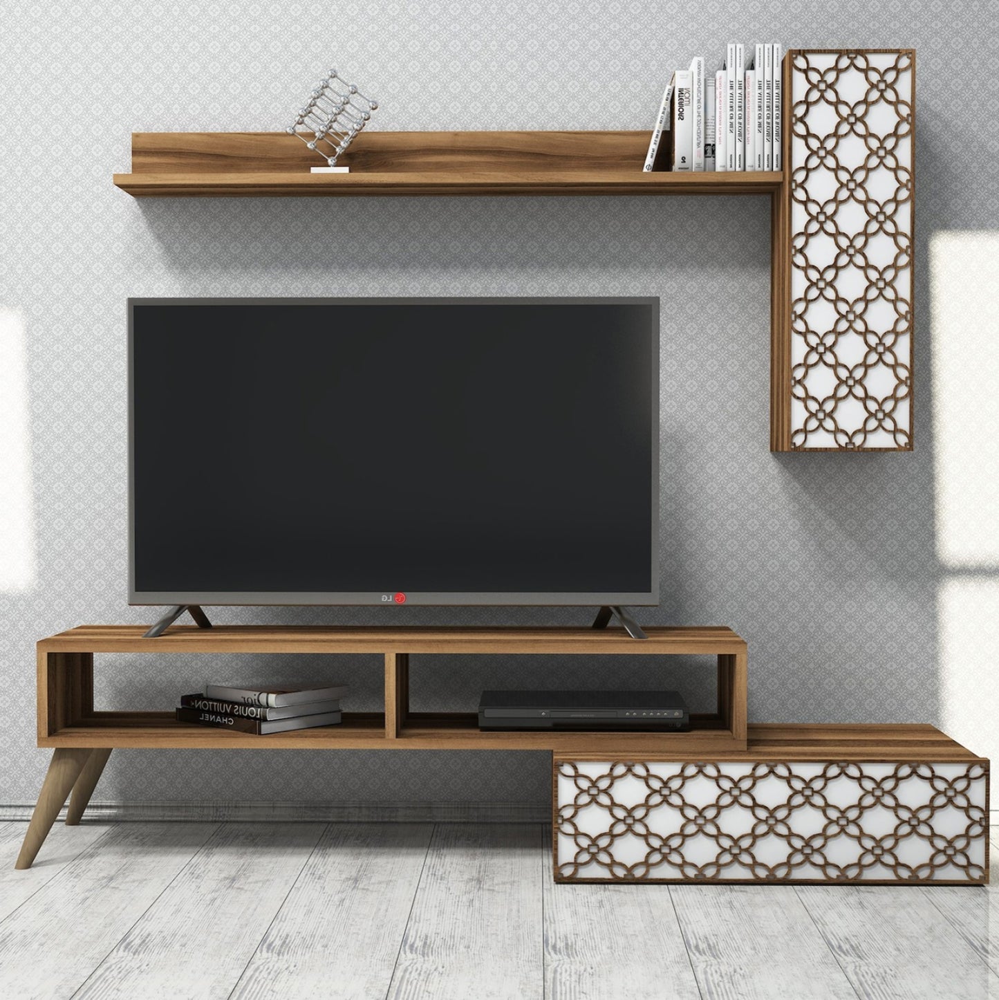 Tv Furniture Set Hm9518.04 Melamine In Walnut And White Color 150x37.2x37.8hcm.