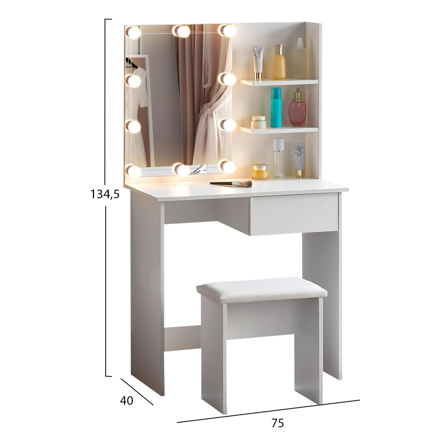 Dressing Table With Led Lights & Shelves Lauryn Hm2501.03 Melamine In White 75x40x134.5hcm.