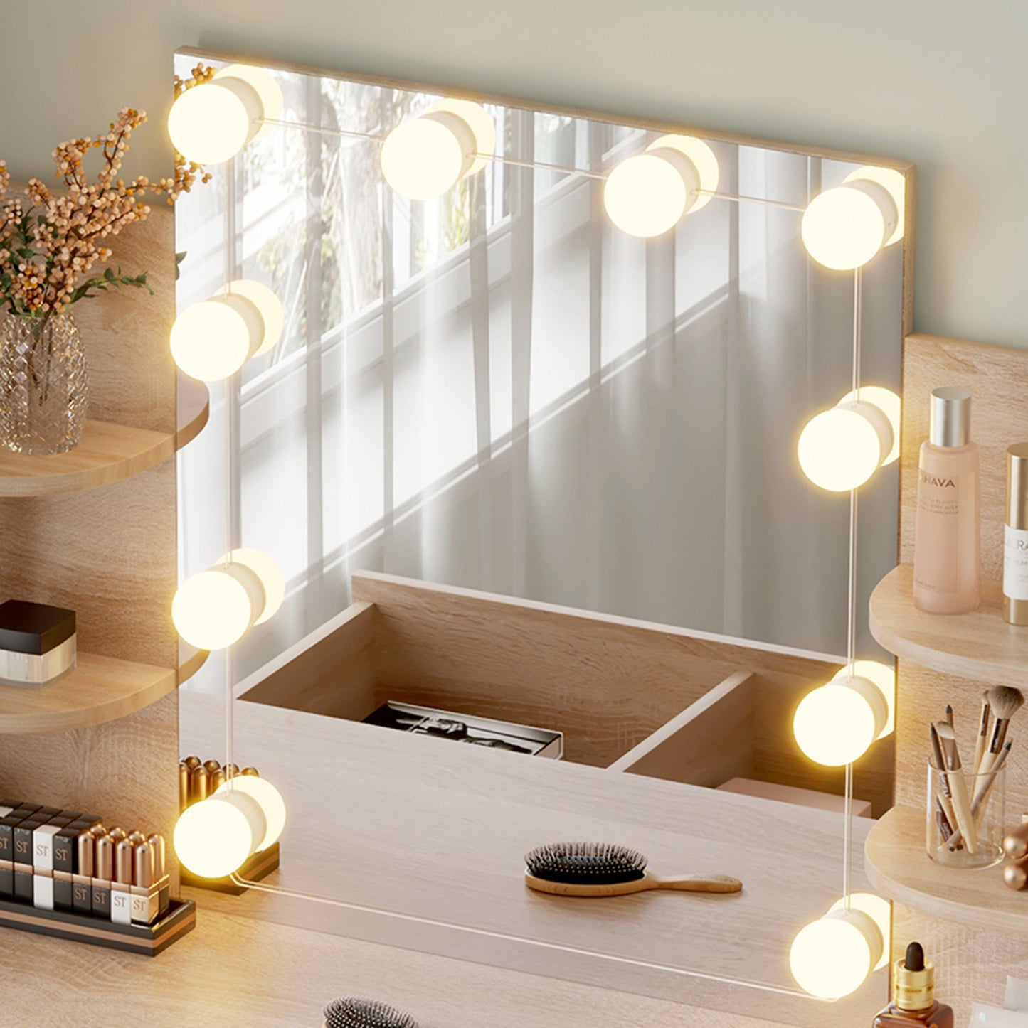 Dressing Table With Led Lights-shelves-drawers Lauryn Hm2502.01 Sonama Color 108x40x140hcm.