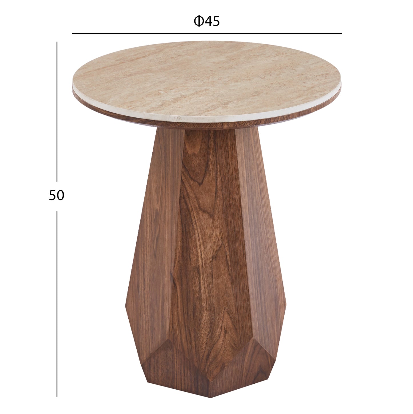 Side Table Venera Hm18442 Ceramic Top With Travertine Stone Look--mdf Base Walnut Φ45x50h