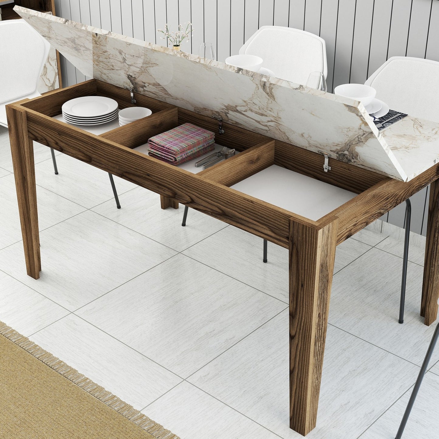 Dining Table Standard Hm9507.03 Melamine Walnut-white Marble-look With Storage Space 145x88x75hcm.