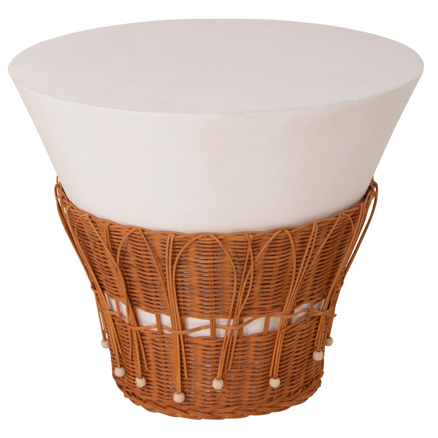 Coffee Table Round Perral Hm18164.02l Fiber Cement In White-natural Rattan--Φ55x45hcm.
