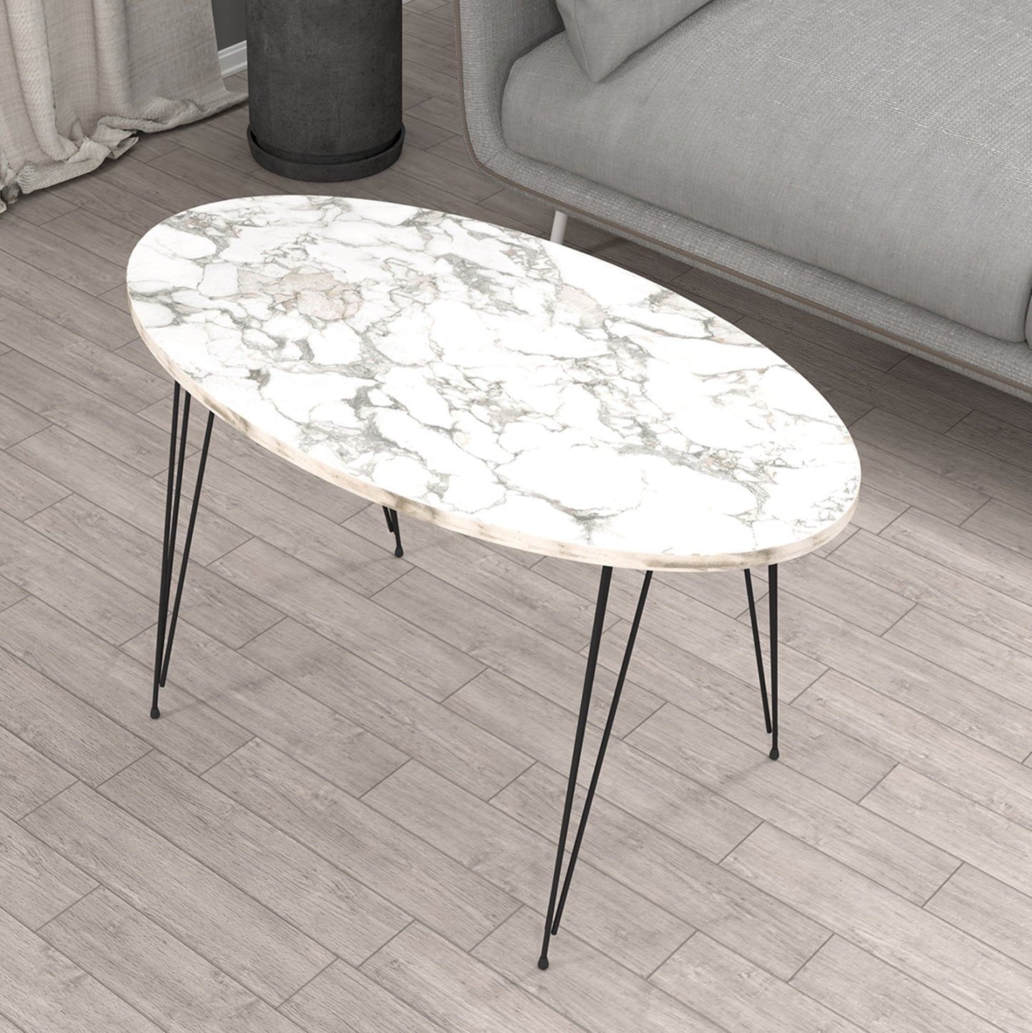 Coffee Table Granit Hm18177.01 Melamine In White Marble Look-black Metal Legs 90x50x42hcm.