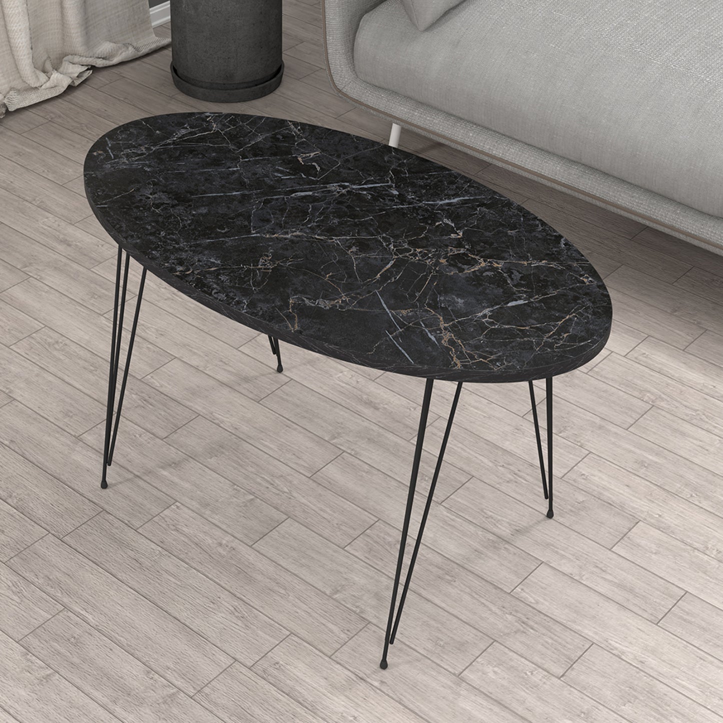 Coffee Table Granit Hm18177.02 Melamine In Black Marble Look-black Metal Legs 90x50x42hcm.