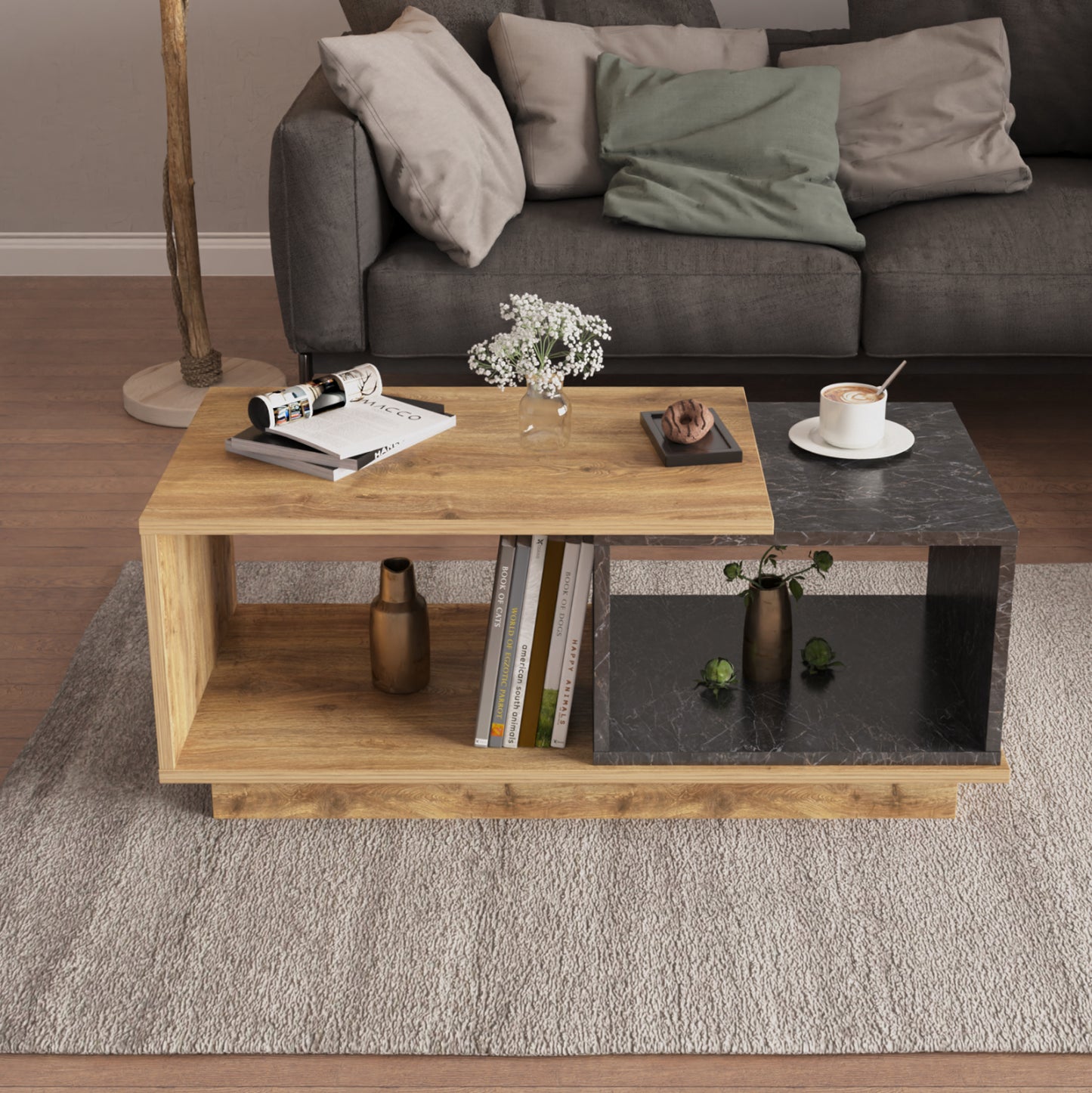 Coffee Table Teles Hm18181.02 Melamine In Natural Wood & Black Marble Color 100x45x42hcm.