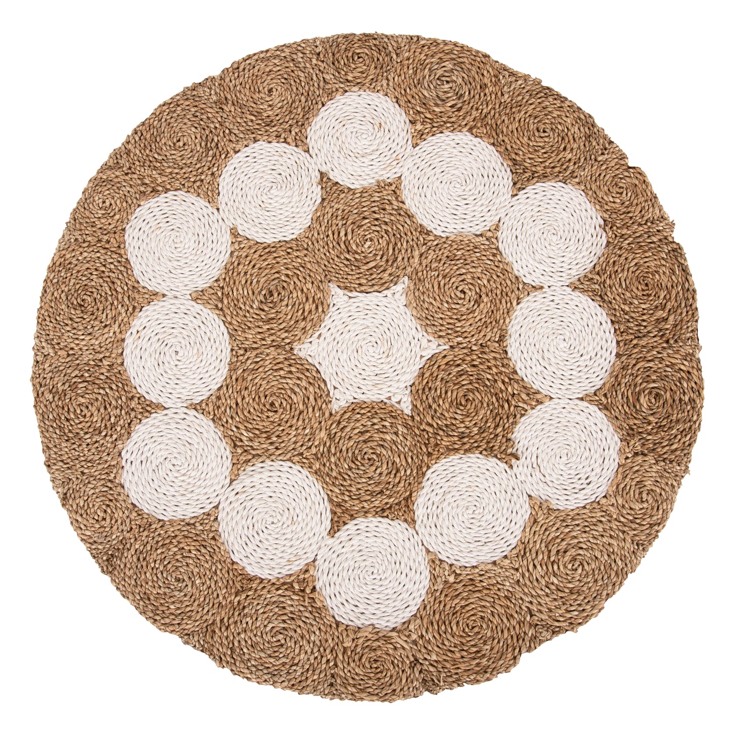 Coffee Table Round Hm7825 Teak Wood And Seagrass Top In Natural & White Φ81x45hcm.
