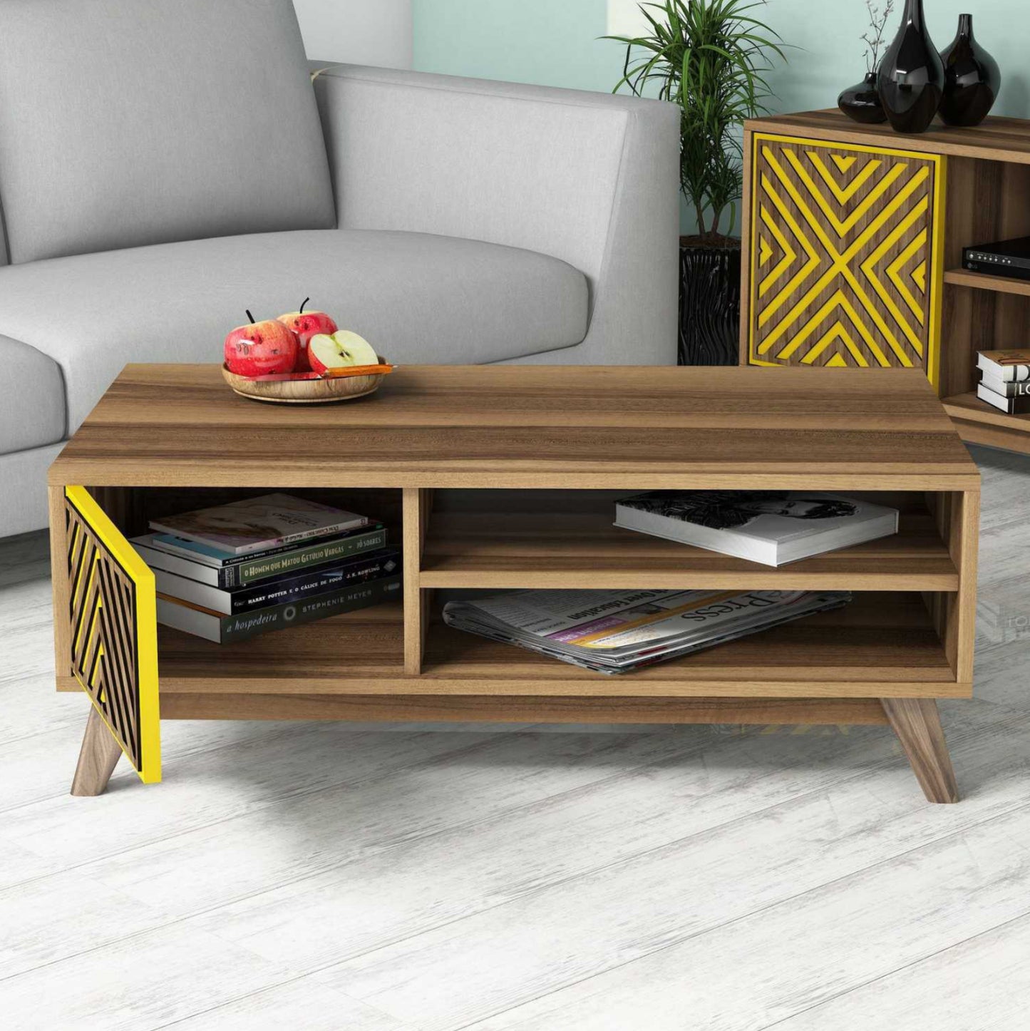 Coffee Table Hm9502.04 Melamine With Cabinet Walnut & Yellow 105x60x38.2hcm.