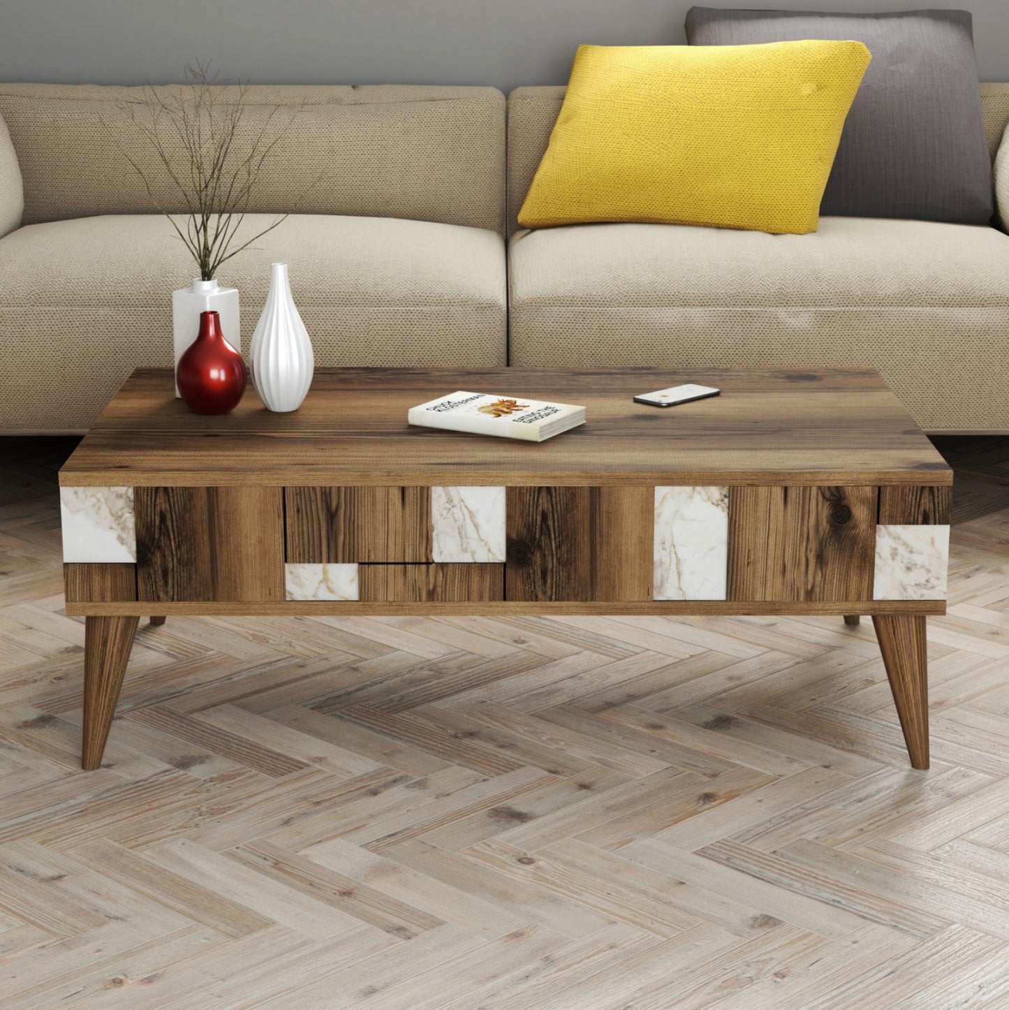 Coffee Table Hm9504.03 Melamine In Walnut-white Marble Look 105x60x37.6hcm.